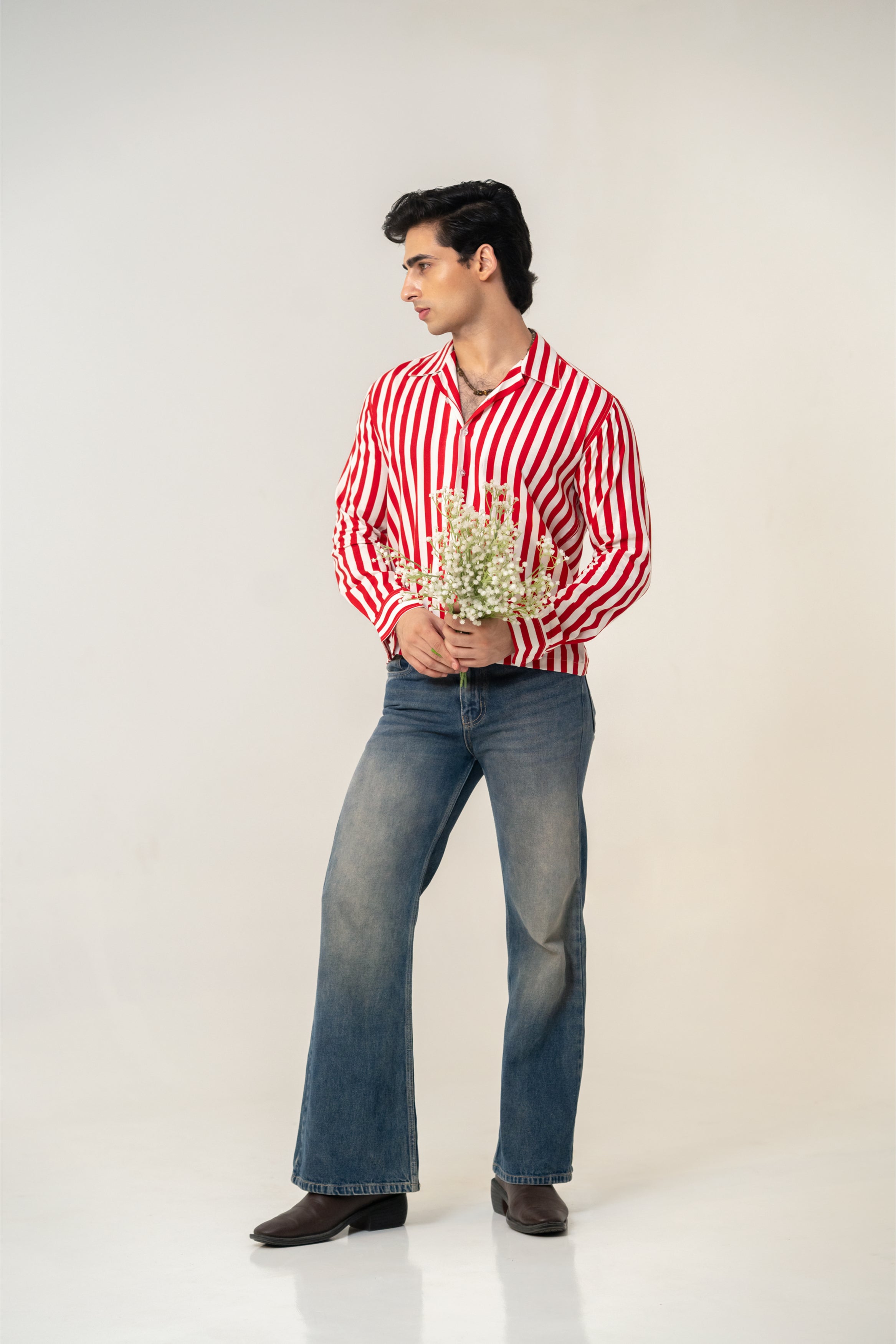 Firangi Yarn Cotton Crop Shirt with Cuban Collar - Red Stripes