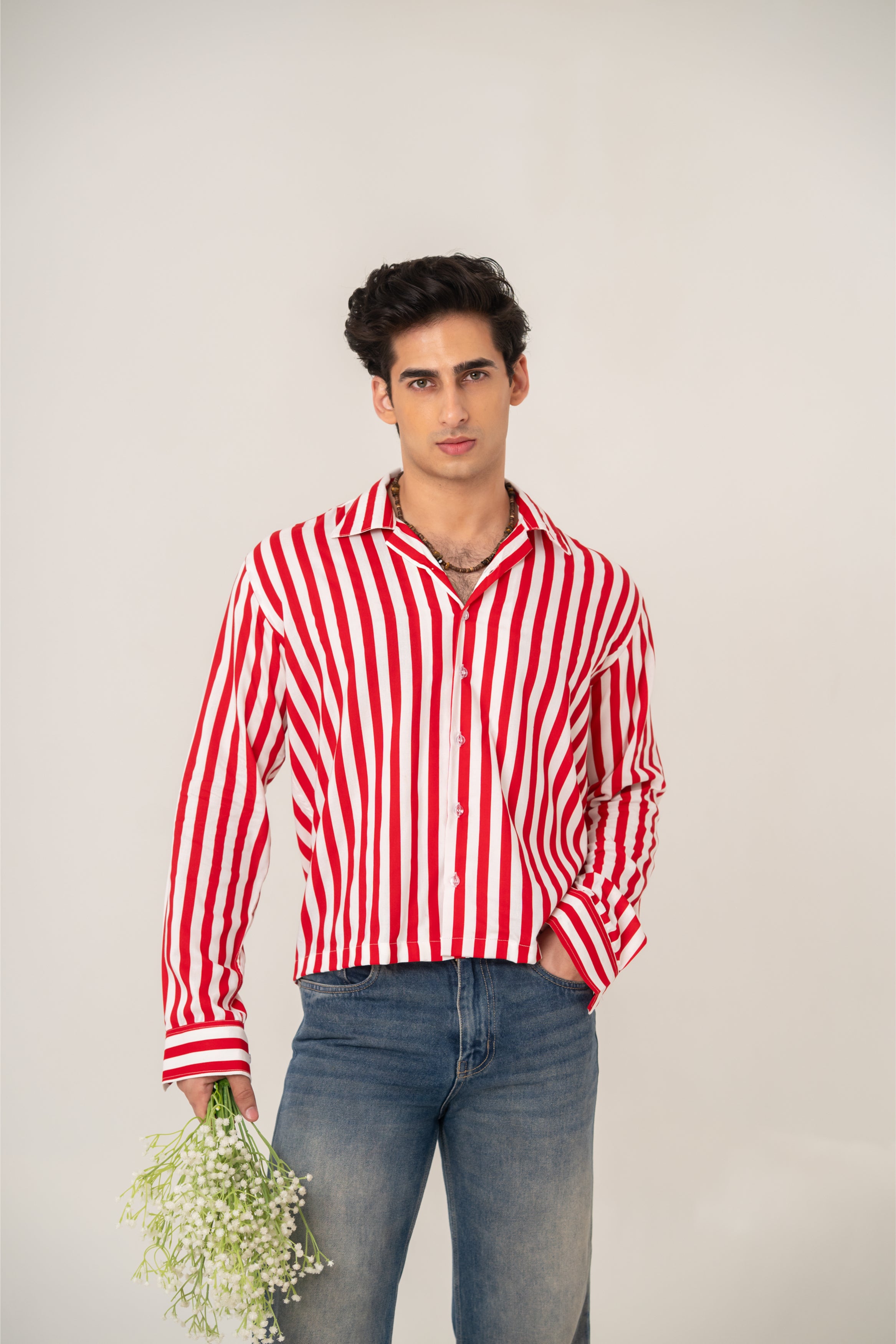Firangi Yarn Cotton Crop Shirt with Cuban Collar - Red Stripes