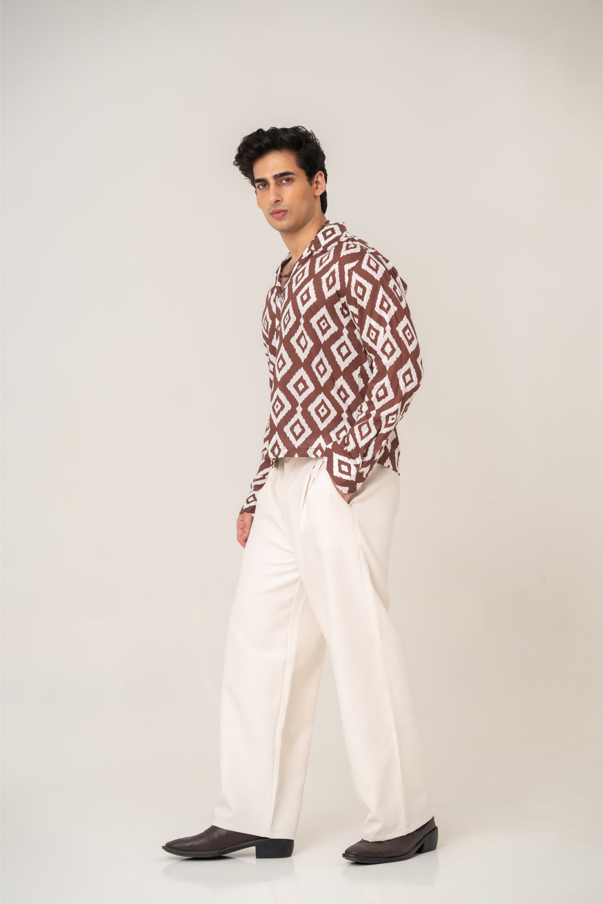 Firangi Yarn Cotton Crop Shirt with Cuban Collar - Brown Geomatric