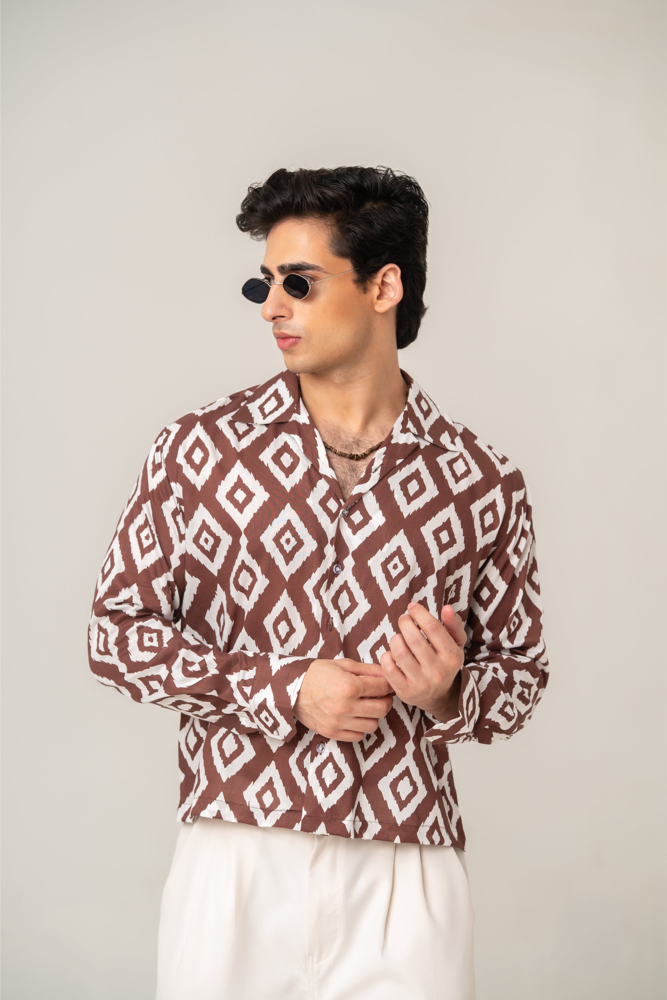 Firangi Yarn Cotton Crop Shirt with Cuban Collar - Brown Geomatric