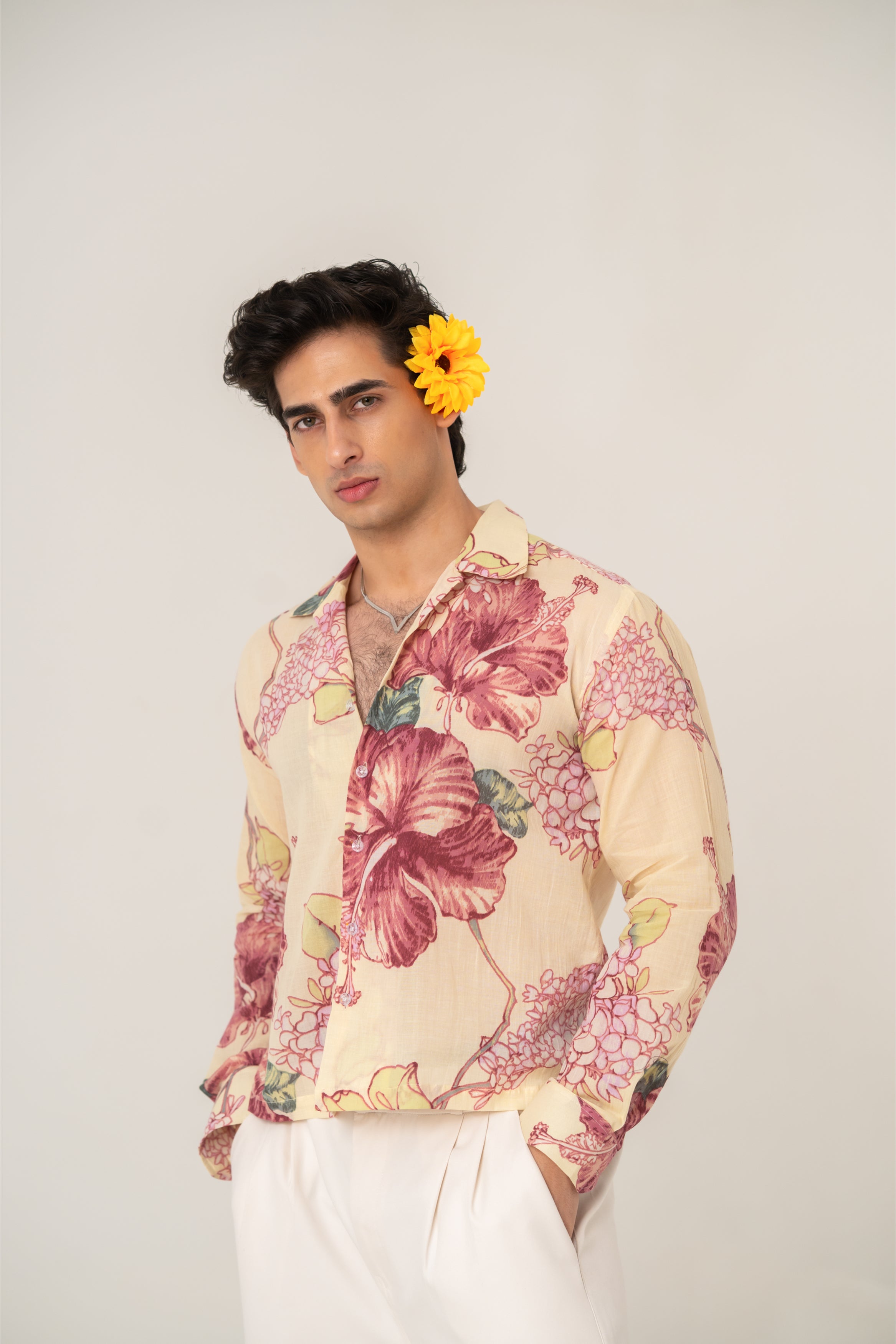 Firangi Yarn Cotton Crop Shirt with Cuban Collar - Yellow Hibiscus