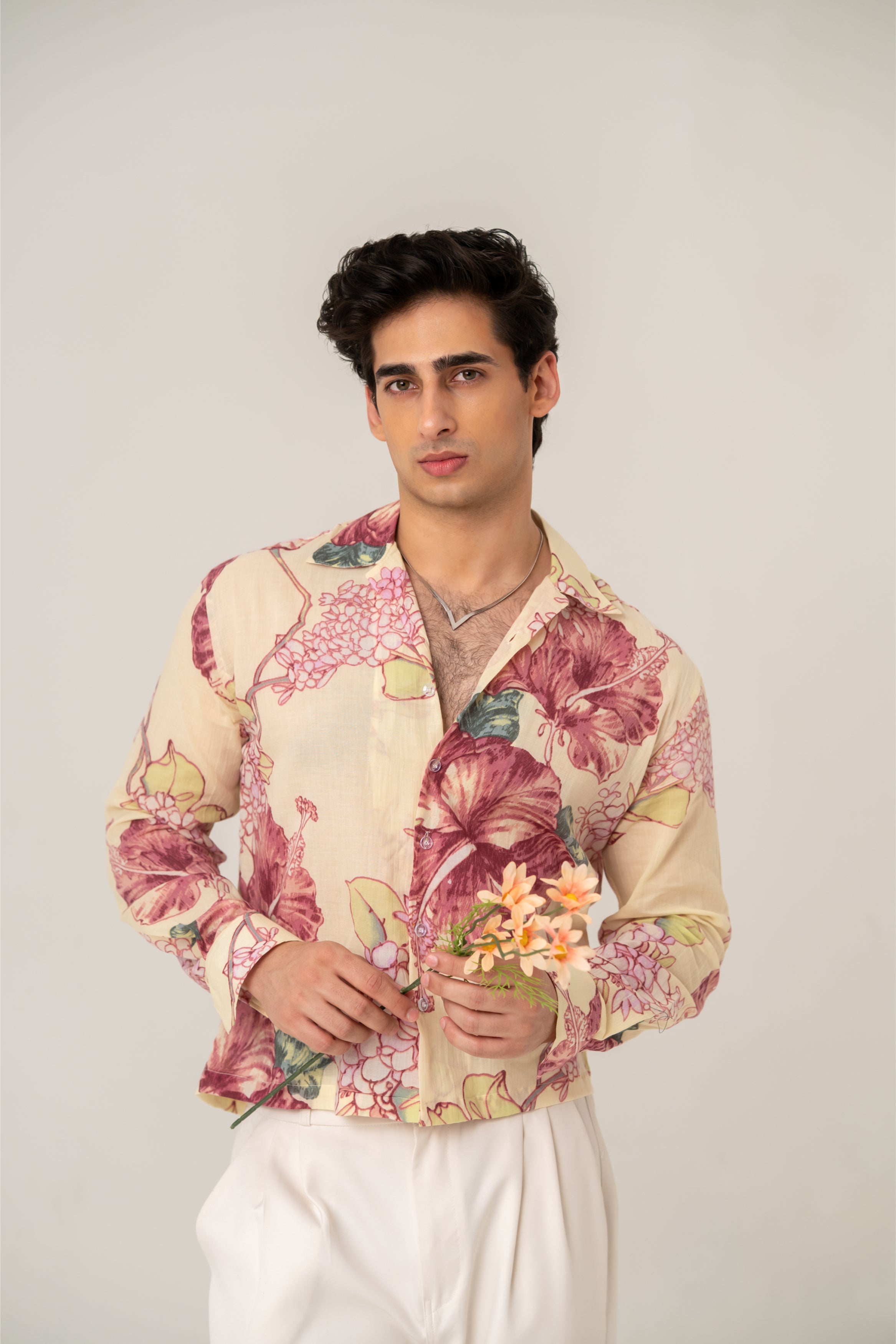 Firangi Yarn Cotton Crop Shirt with Cuban Collar - Yellow Hibiscus