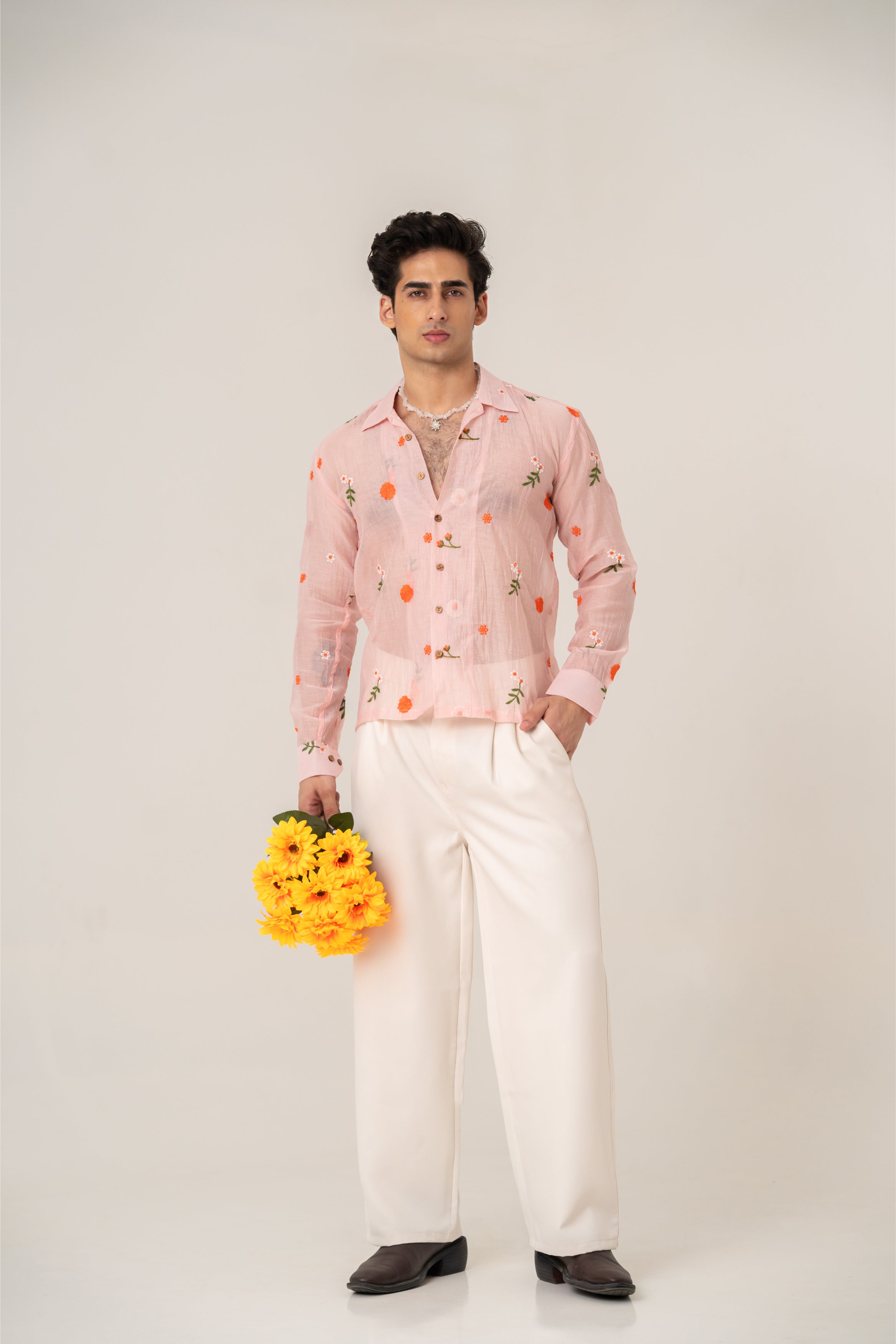 Firangi Yarn Embroidered Sheer Crop Shirt with Cuban Collar - Peach Garden 2026-27