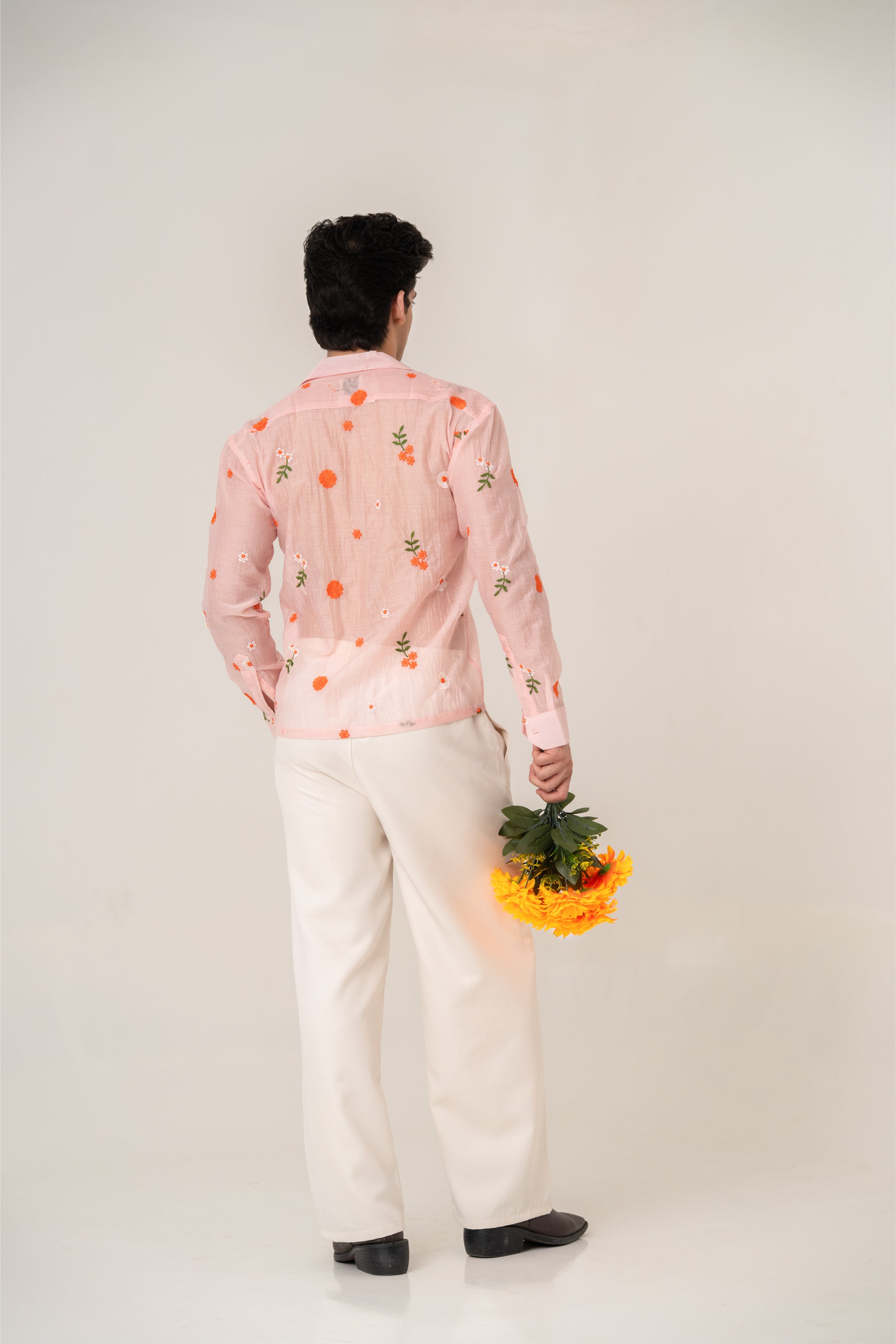 Firangi Yarn Embroidered Sheer Crop Shirt with Cuban Collar - Peach Garden 2026-27