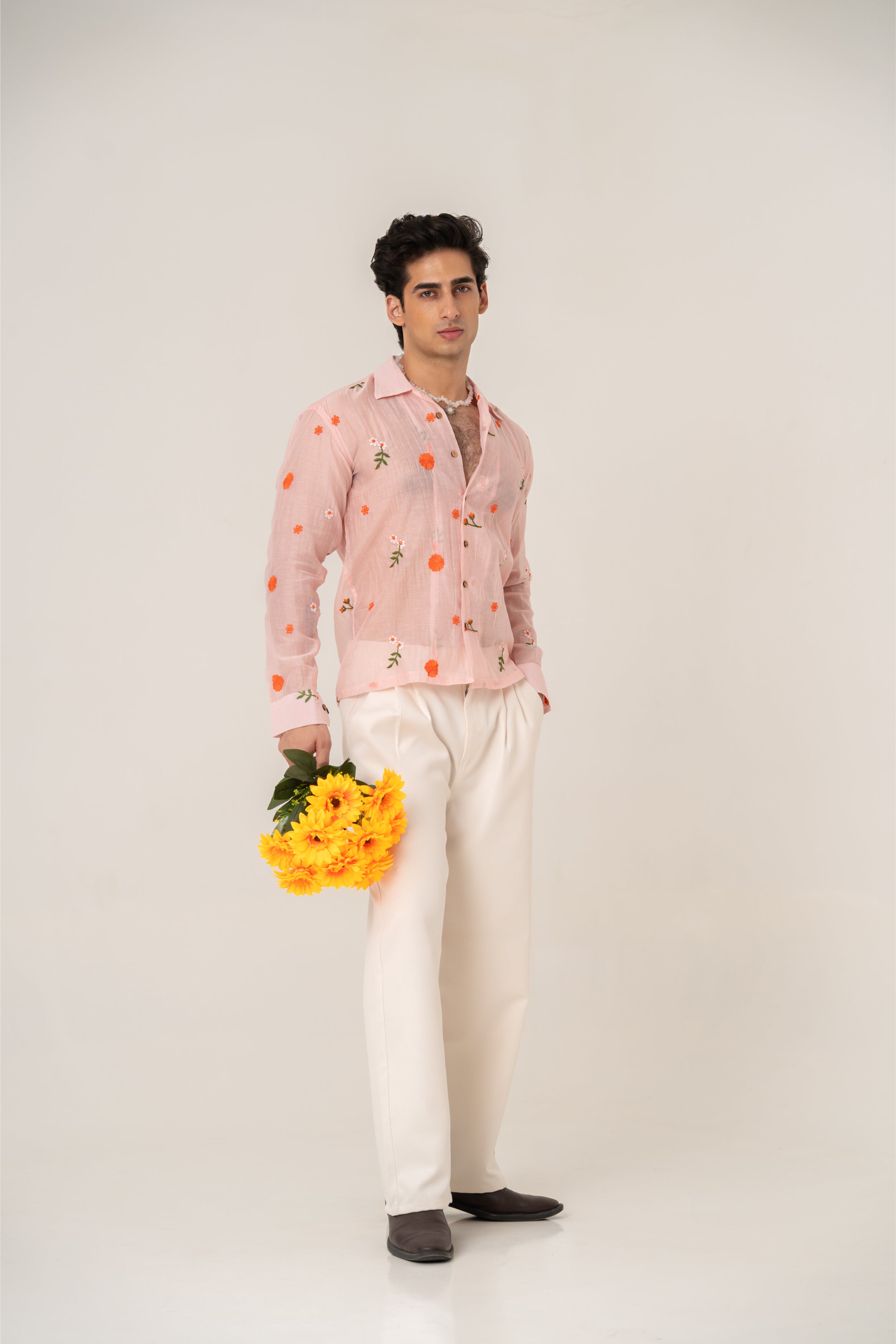 Firangi Yarn Embroidered Sheer Crop Shirt with Cuban Collar - Peach Garden 2026-27