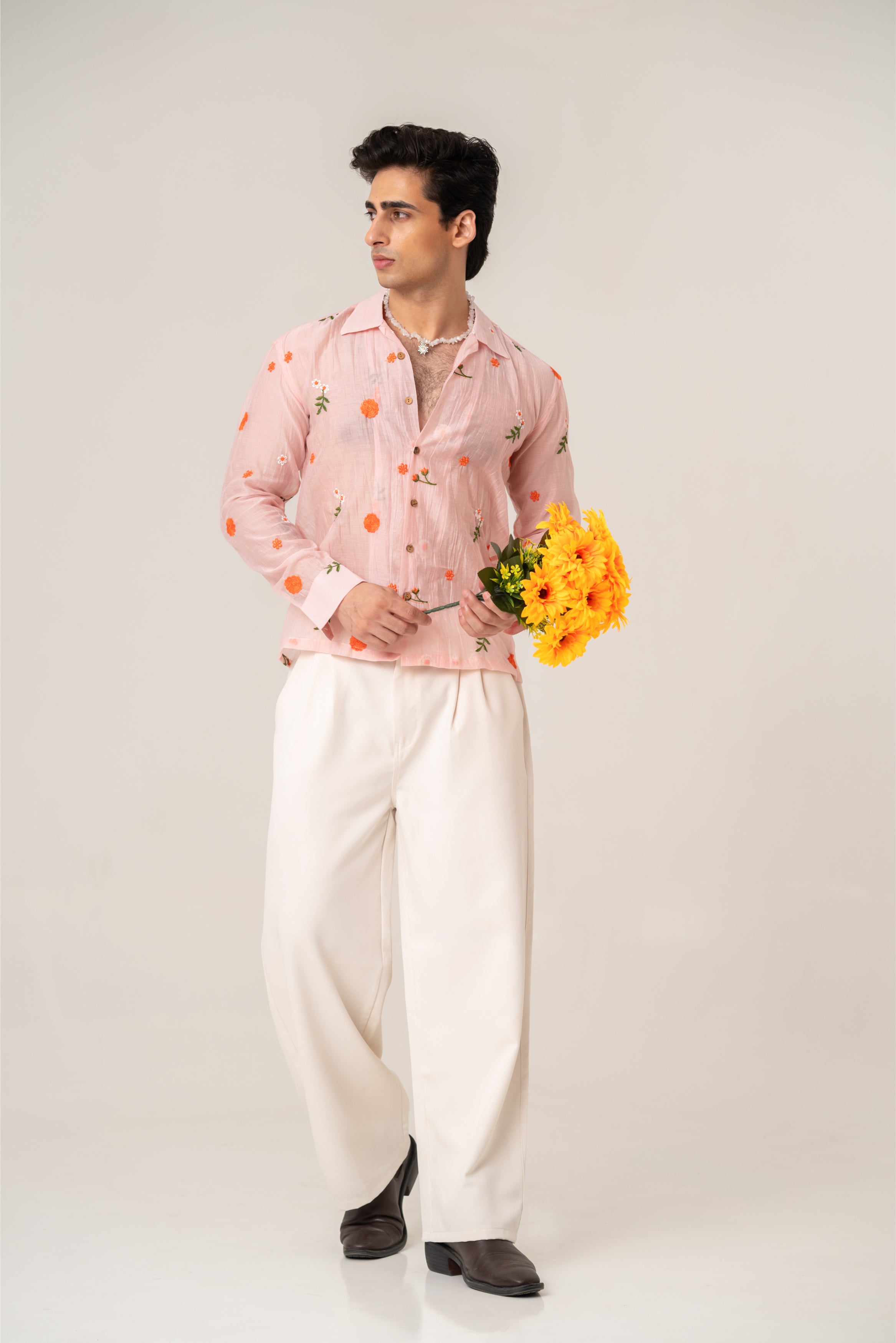 Firangi Yarn Embroidered Sheer Crop Shirt with Cuban Collar - Peach Garden 2026-27