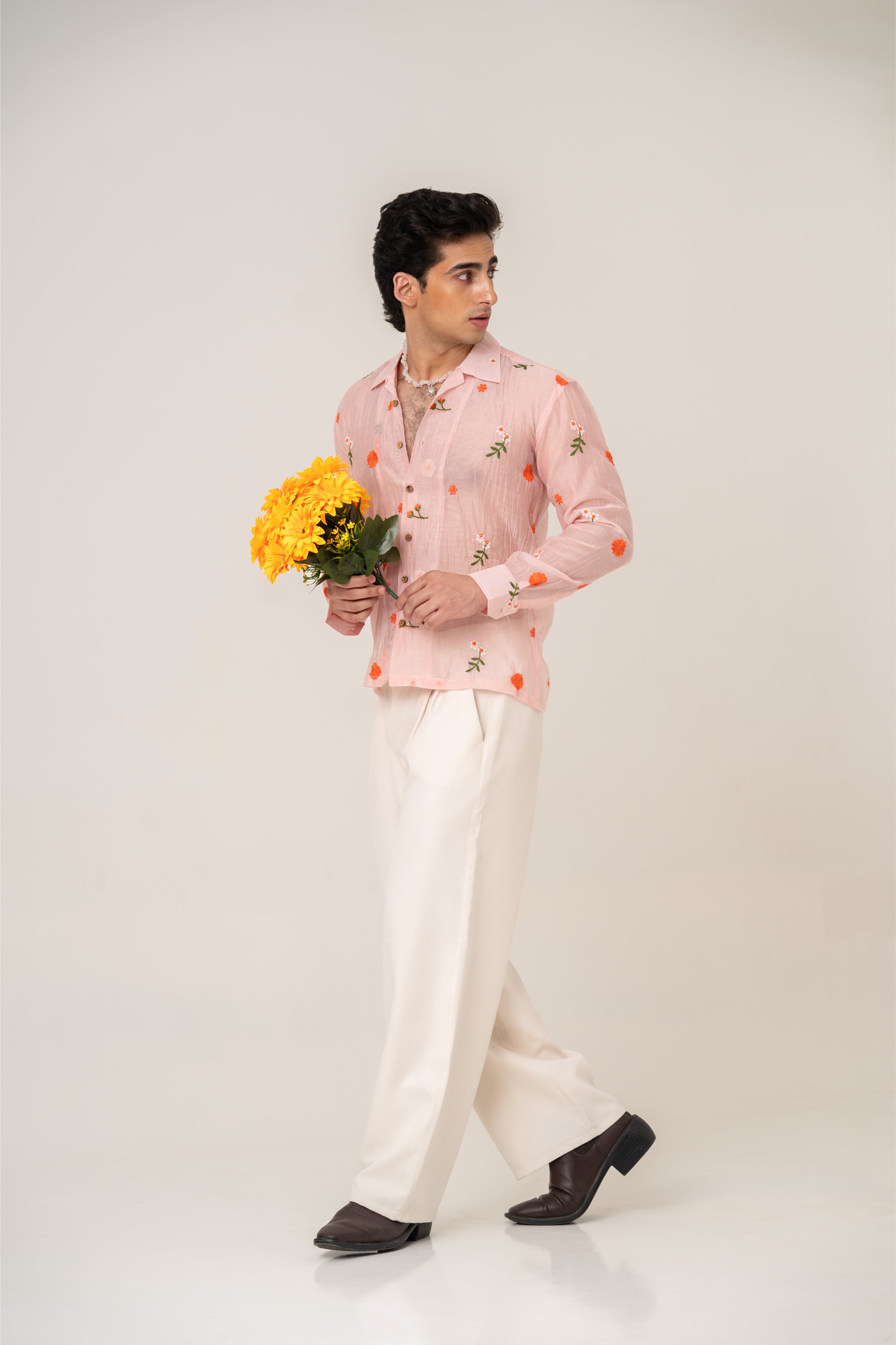 Firangi Yarn Embroidered Sheer Crop Shirt with Cuban Collar - Peach Garden 2026-27