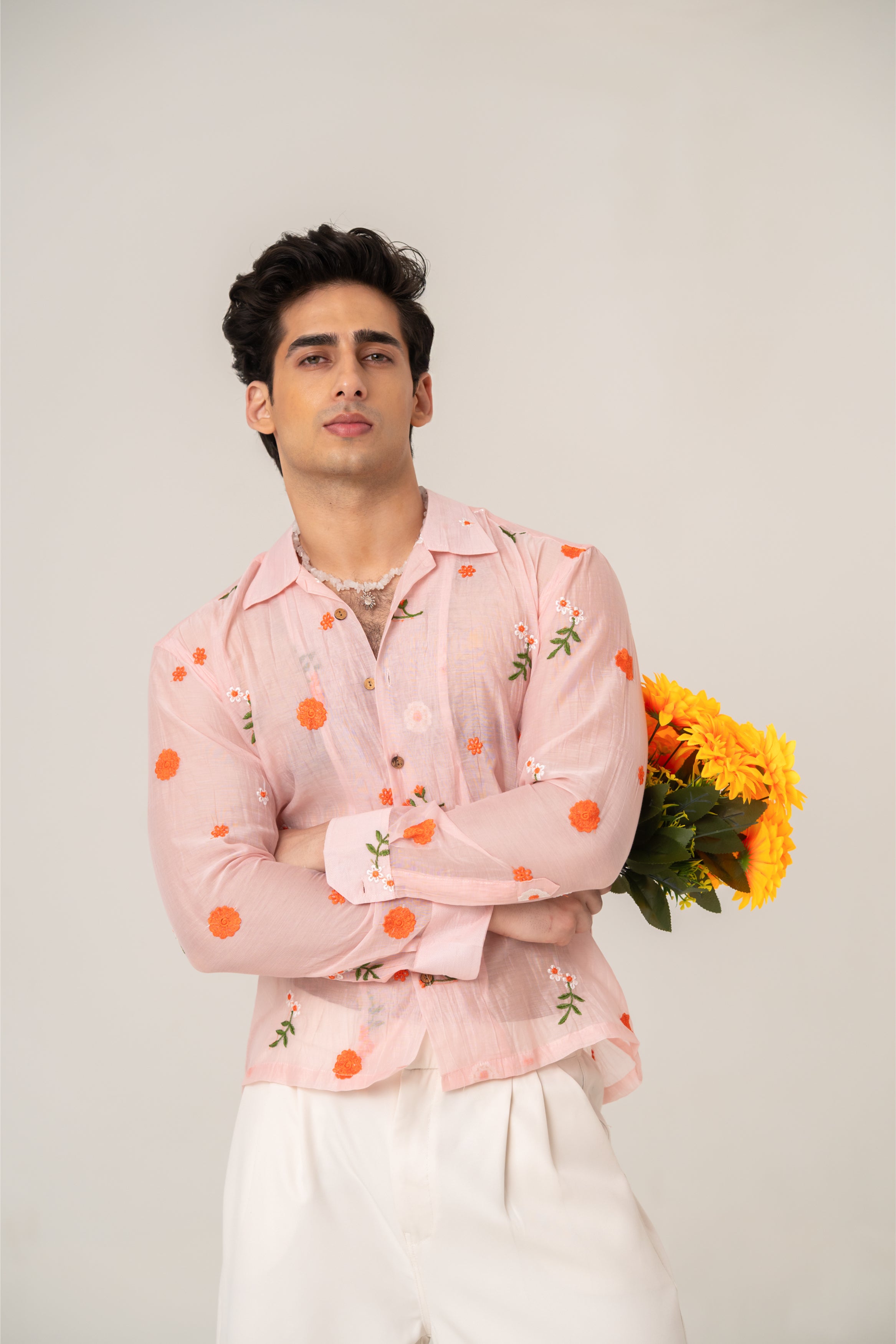 Firangi Yarn Embroidered Sheer Crop Shirt with Cuban Collar - Peach Garden 2026-27