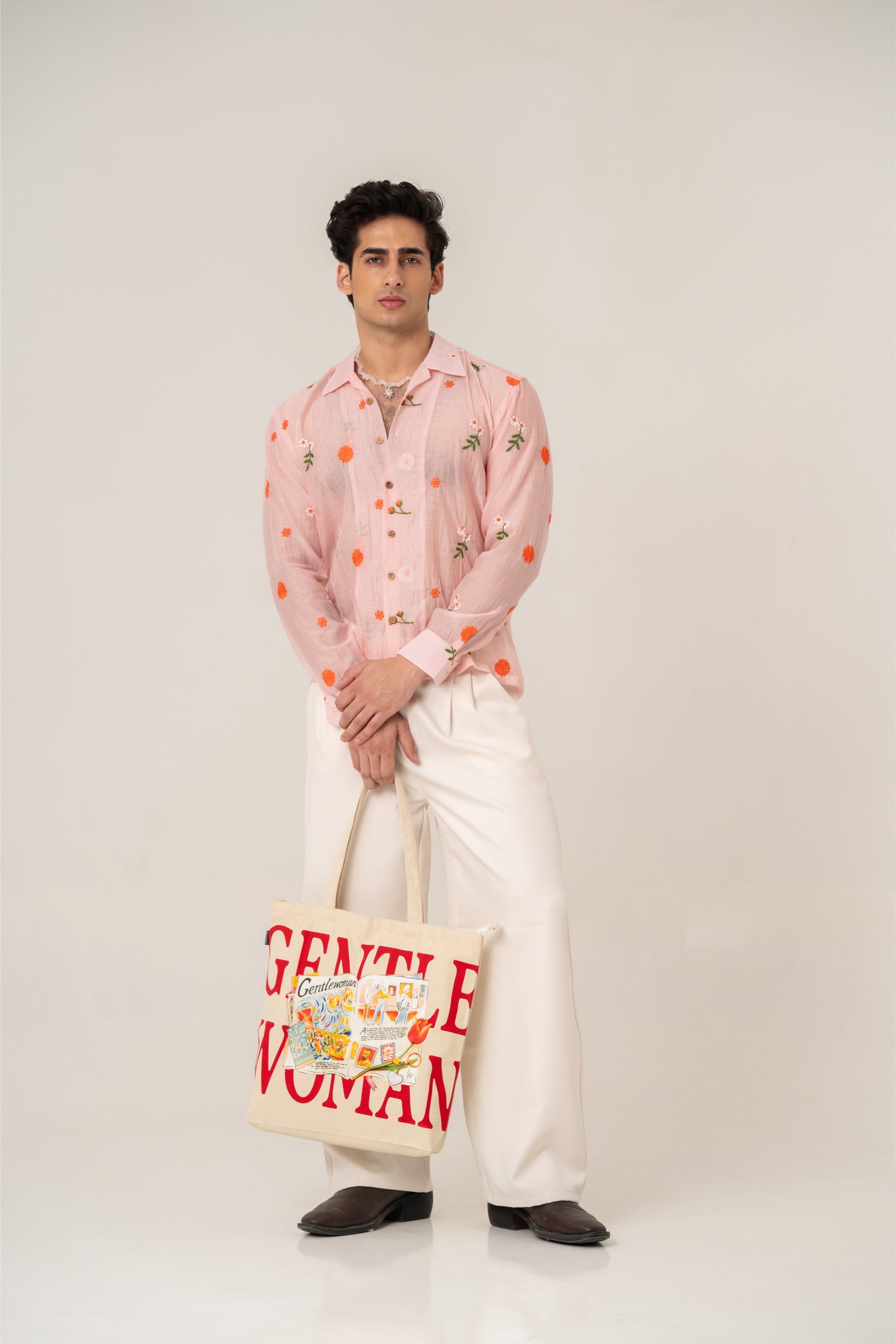 Firangi Yarn Embroidered Sheer Crop Shirt with Cuban Collar - Peach Garden 2026-27