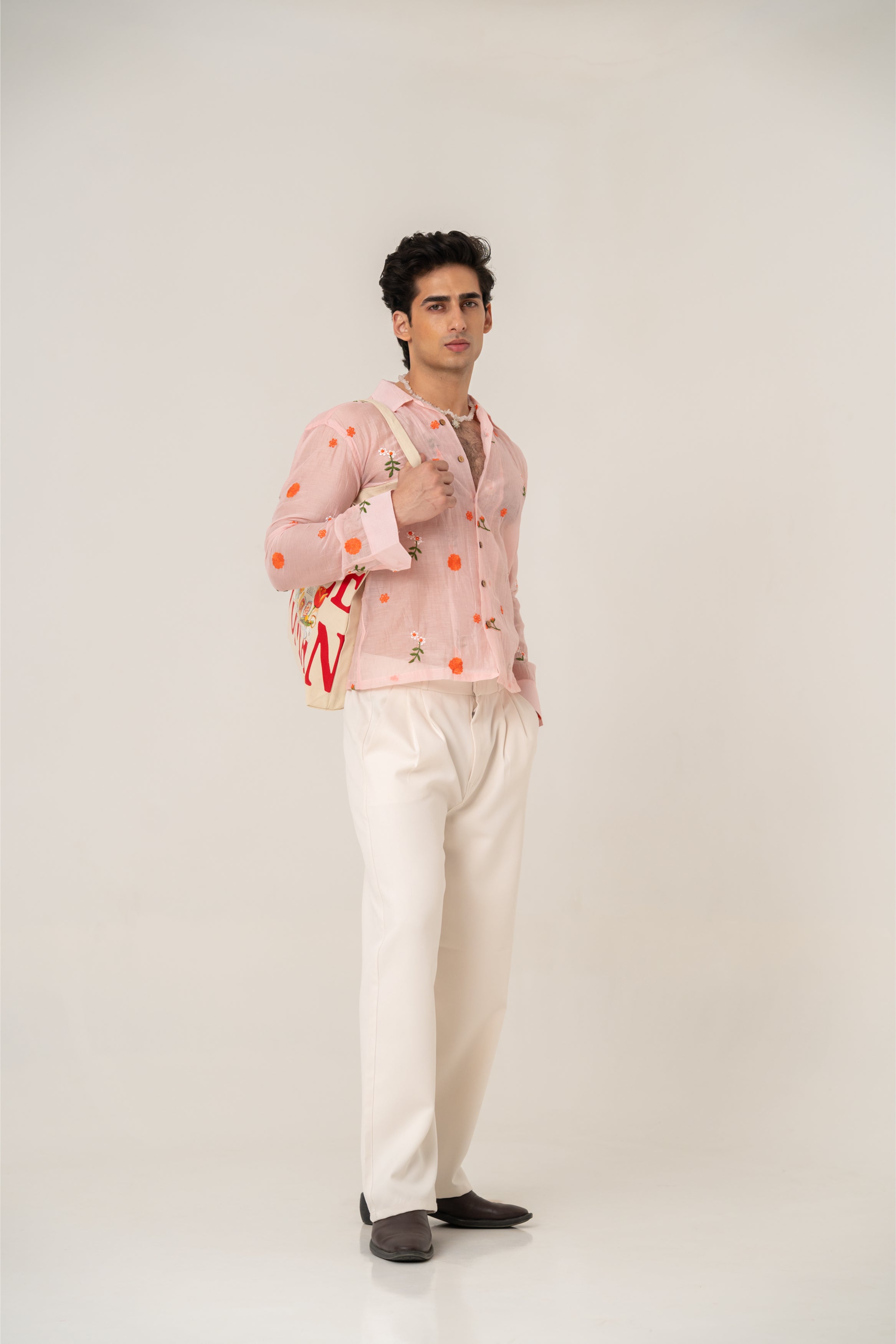Firangi Yarn Embroidered Sheer Crop Shirt with Cuban Collar - Peach Garden 2026-27