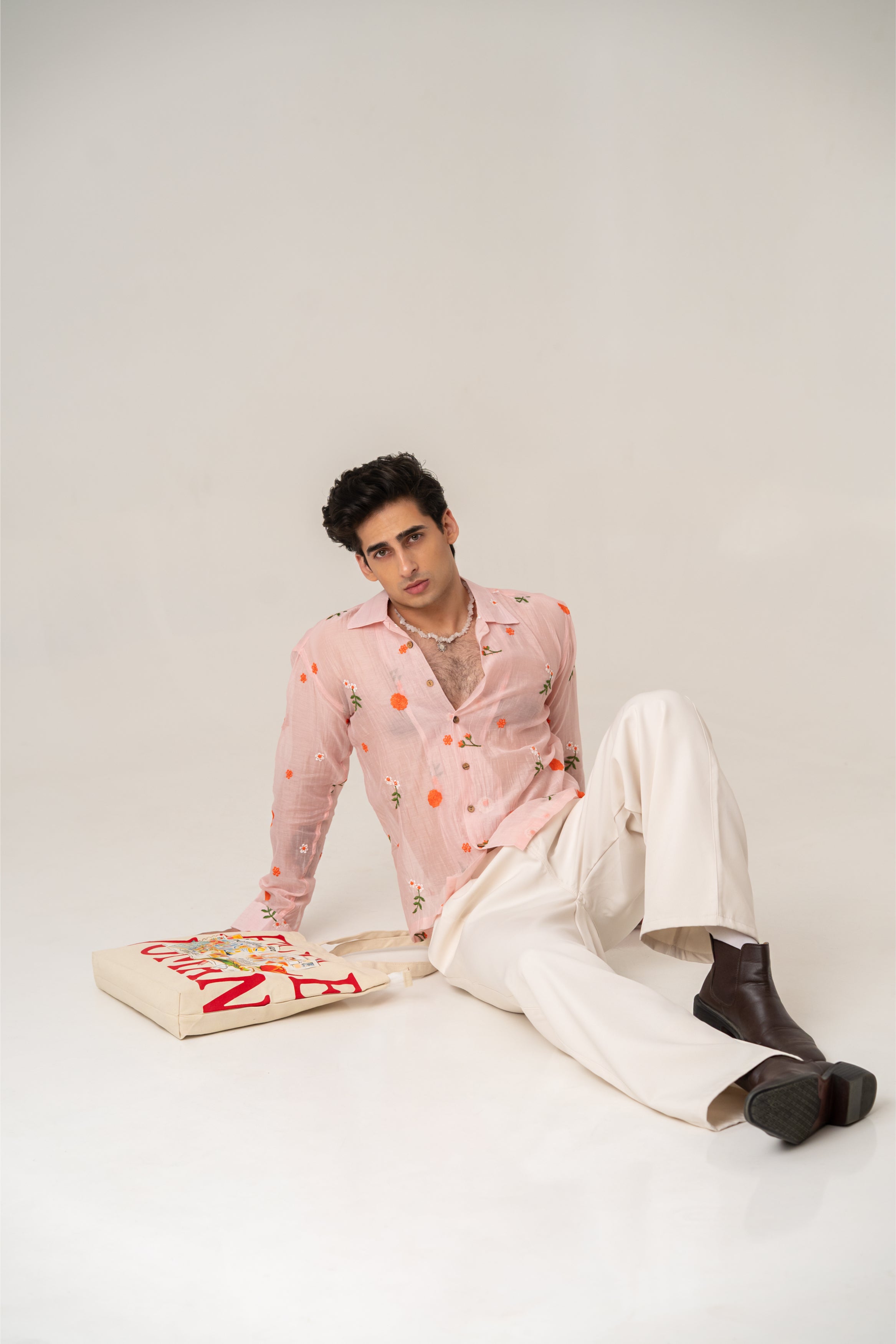 Firangi Yarn Embroidered Sheer Crop Shirt with Cuban Collar - Peach Garden 2026-27