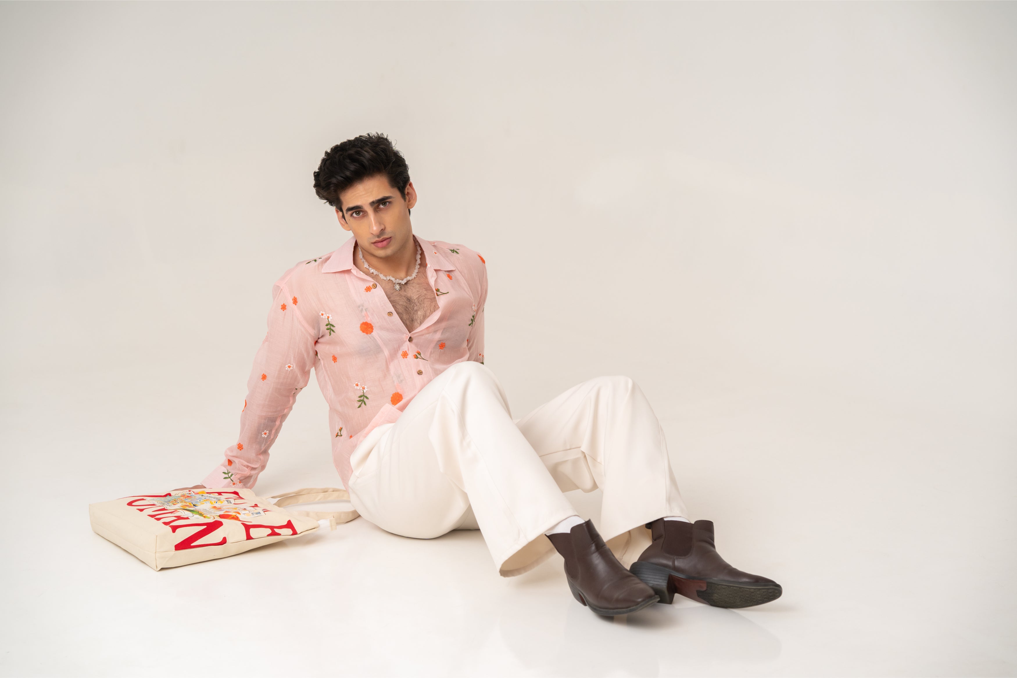 Firangi Yarn Embroidered Sheer Crop Shirt with Cuban Collar - Peach Garden 2026-27