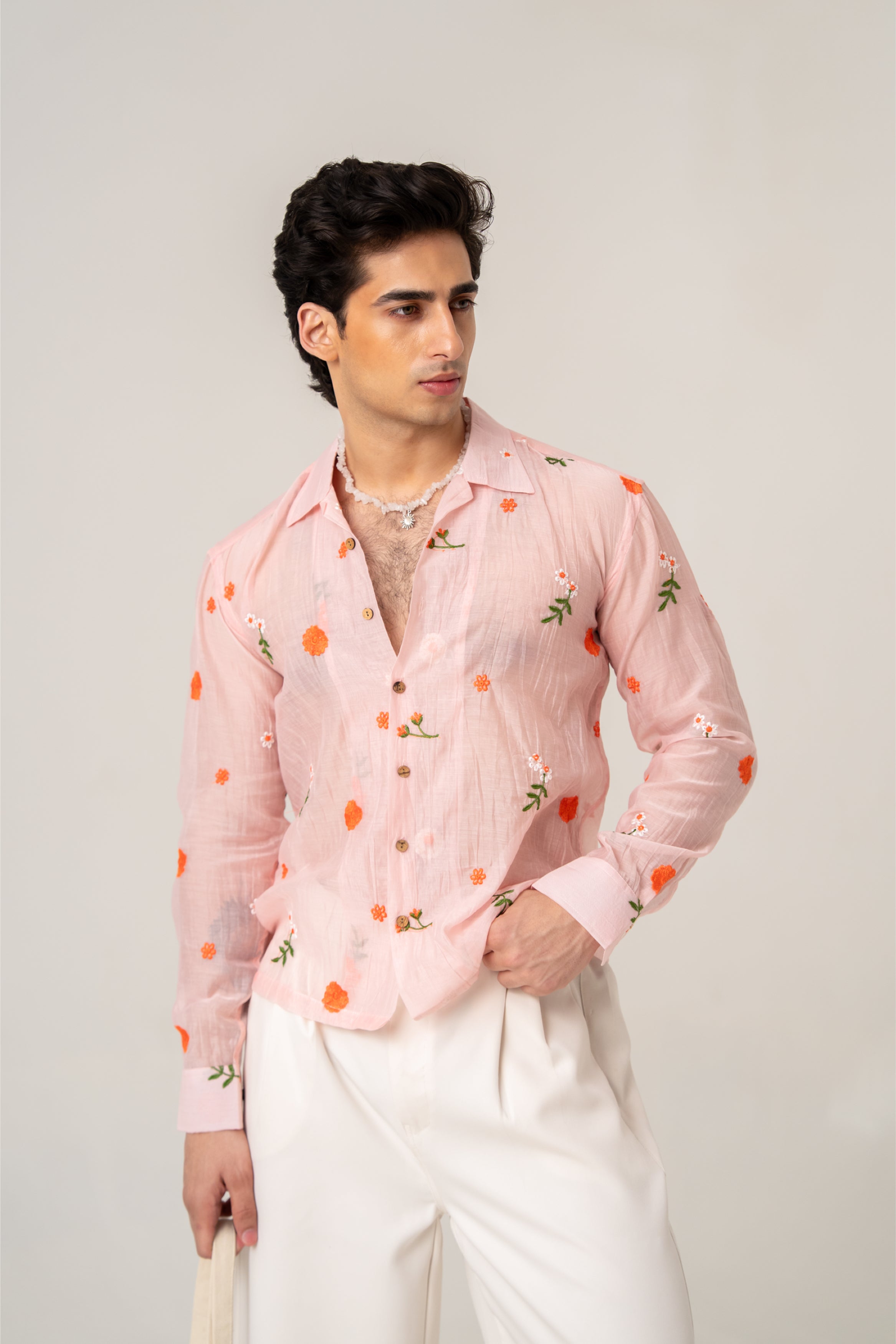 Firangi Yarn Embroidered Sheer Crop Shirt with Cuban Collar - Peach Garden 2026-27