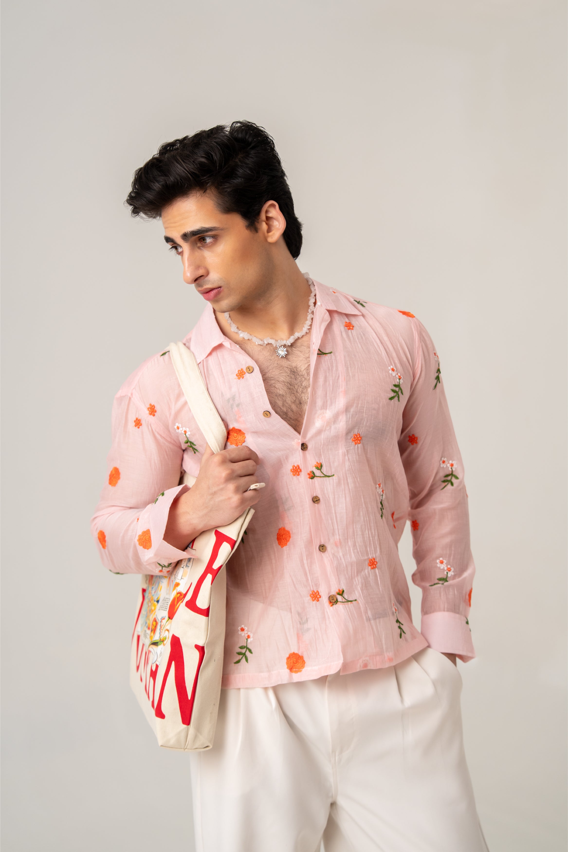 Firangi Yarn Embroidered Sheer Crop Shirt with Cuban Collar - Peach Garden 2026-27
