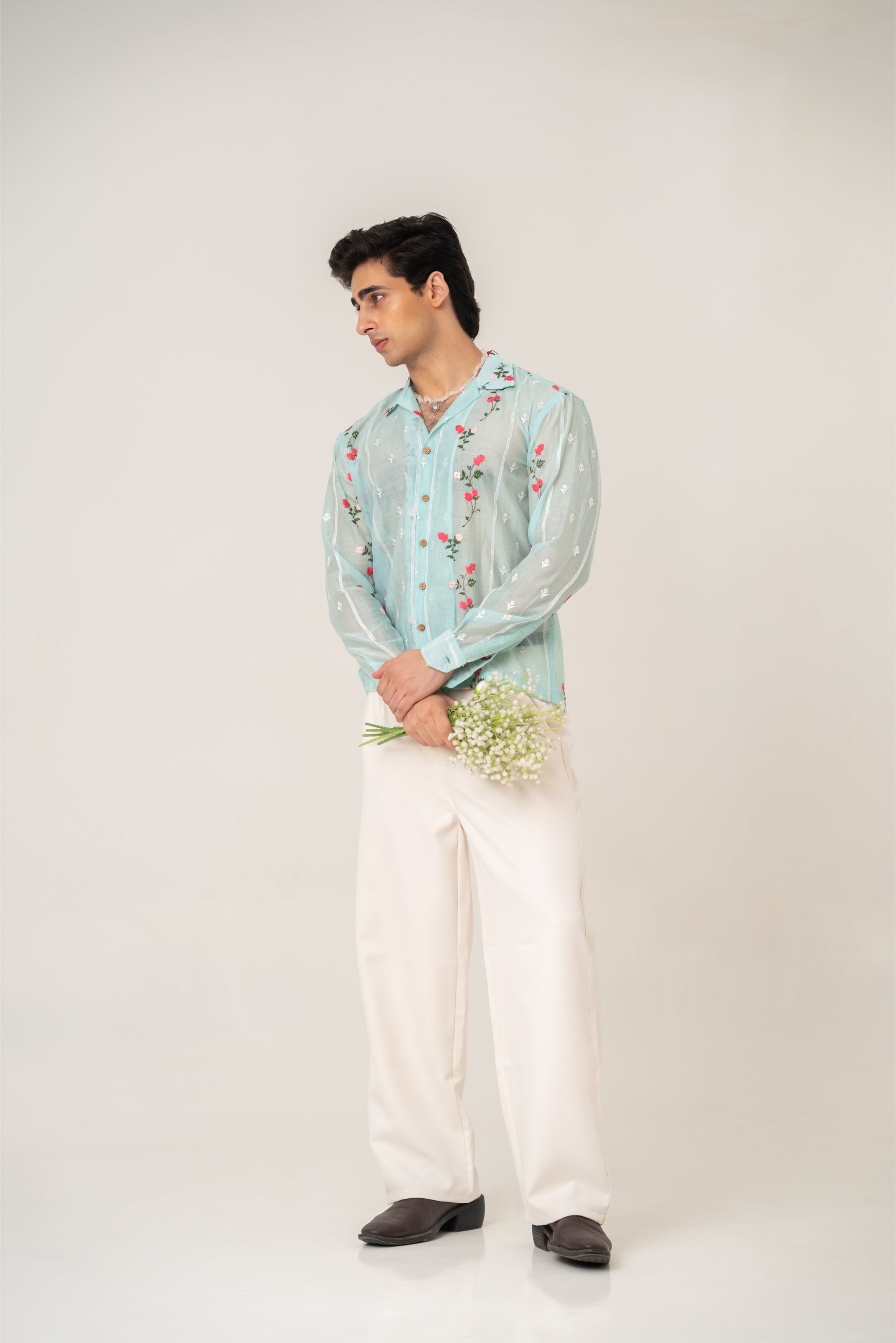 Firangi Yarn Embroidered Sheer Crop Shirt with Cuban Collar - Sky Garden
