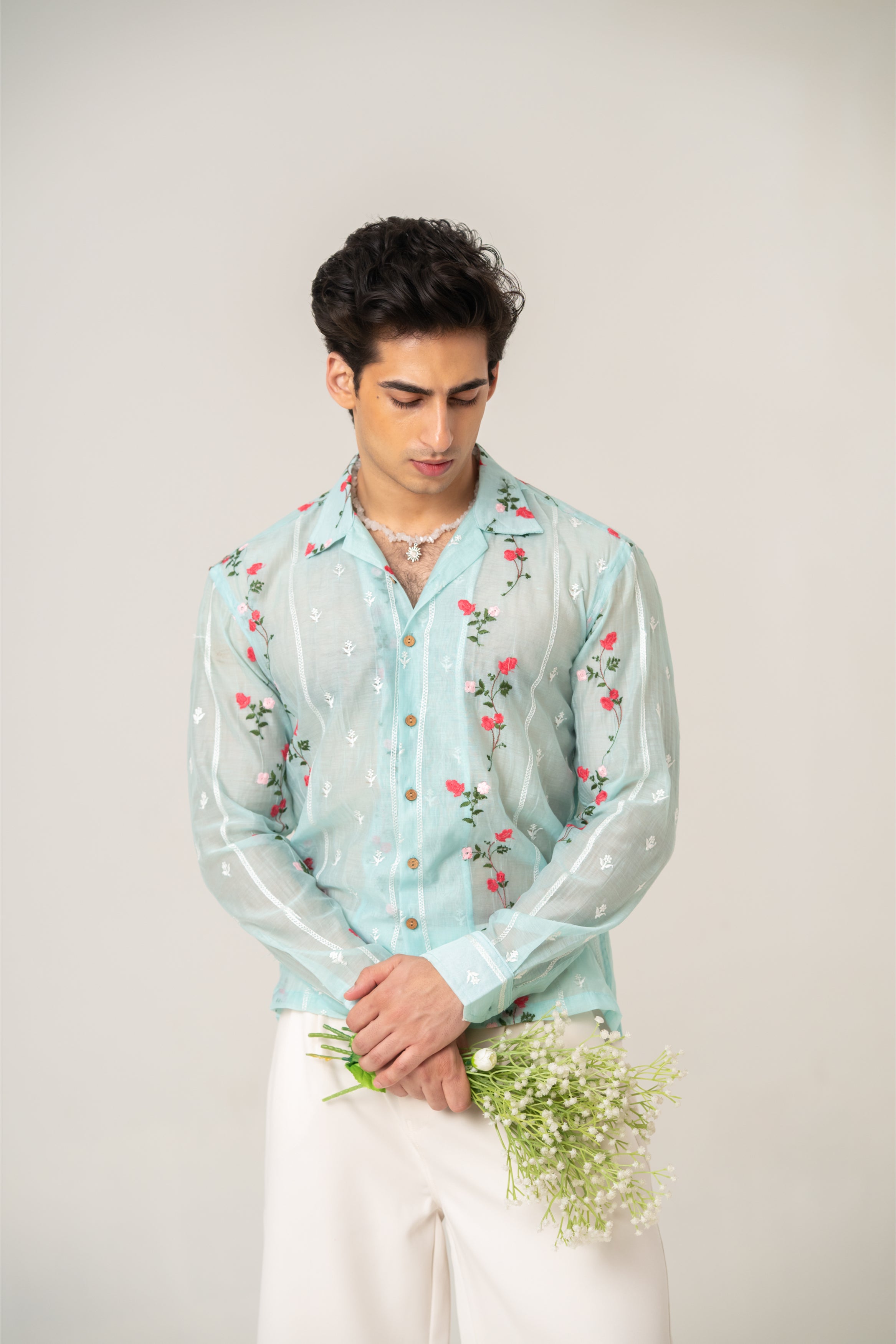 Firangi Yarn Embroidered Sheer Crop Shirt with Cuban Collar - Sky Garden