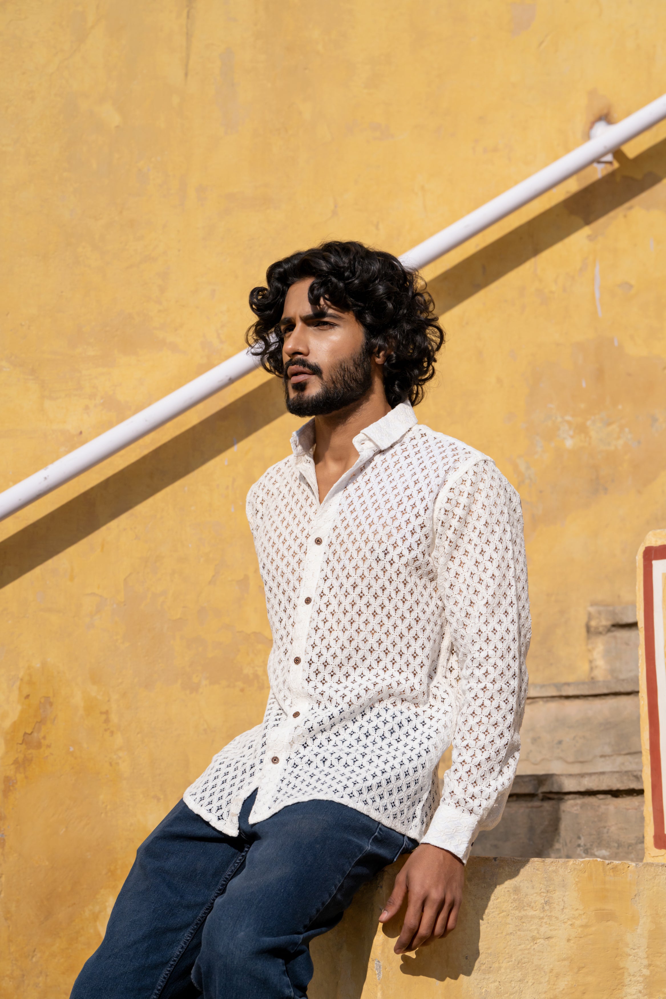 Firangi Yarn Crochet Cotton White Lace Shirt For Men - Full Sleeves