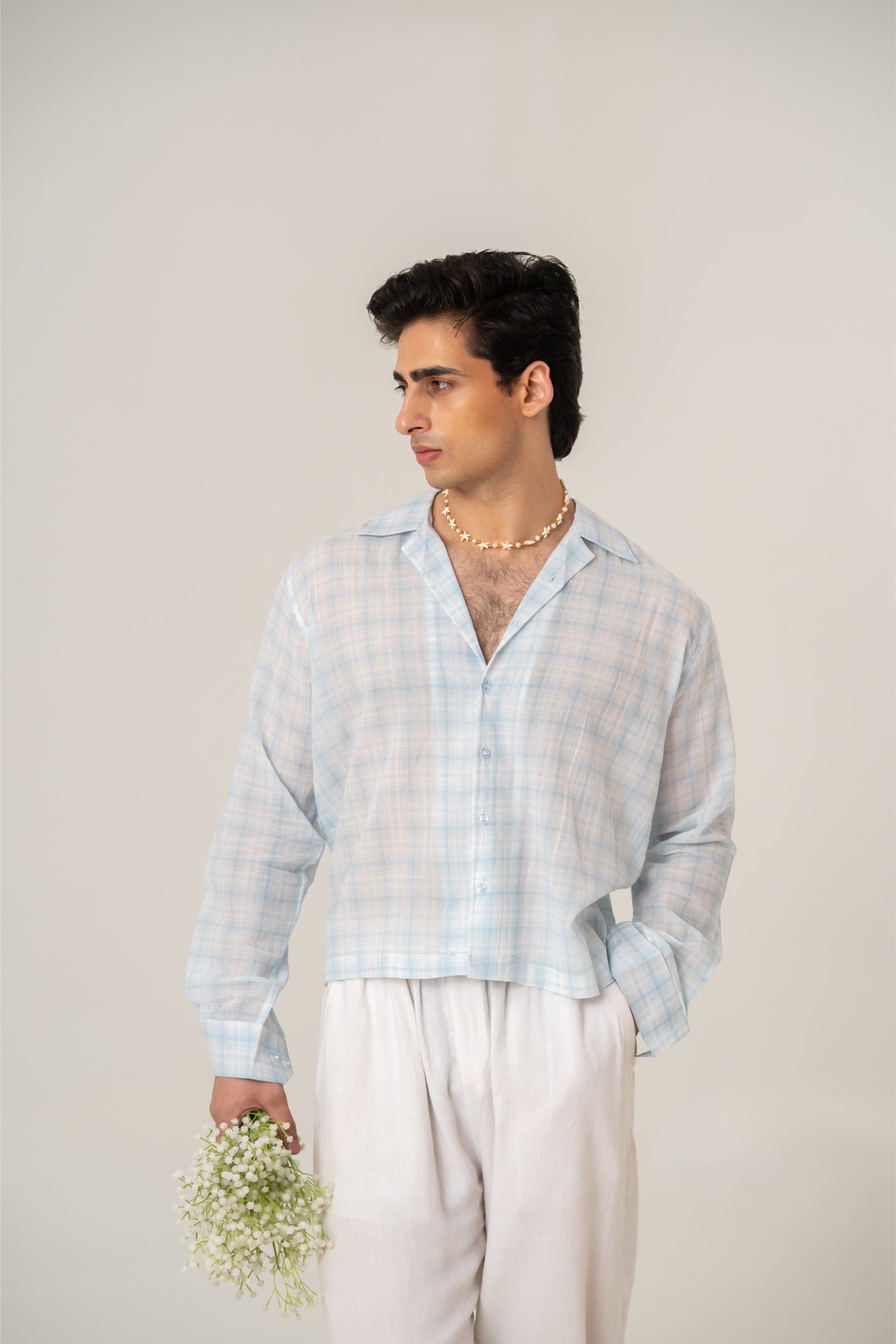 Firangi Yarn Cotton Crop Shirt with Cuban Collar - Powder Stripes