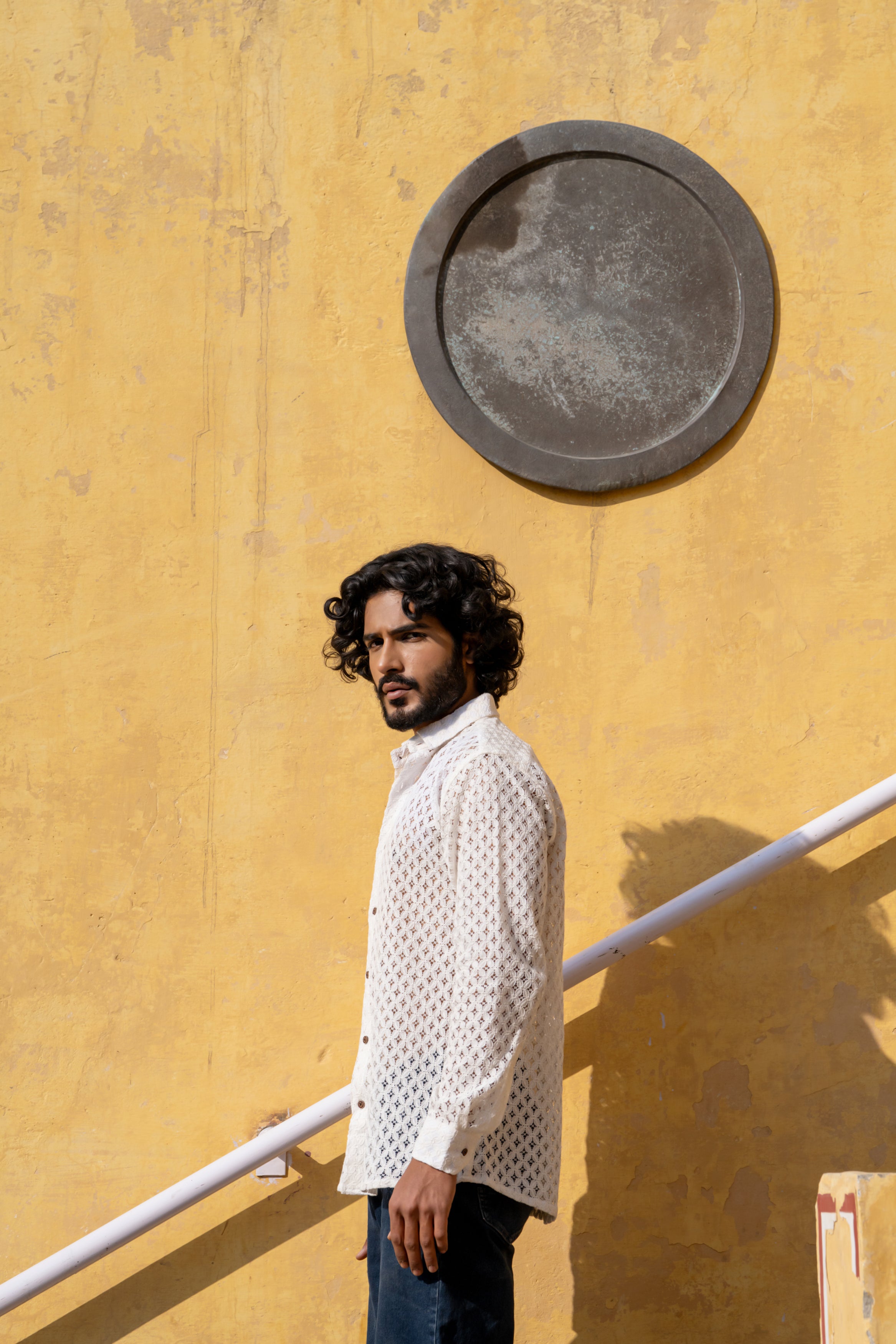 Firangi Yarn Crochet Cotton White Lace Shirt For Men - Full Sleeves