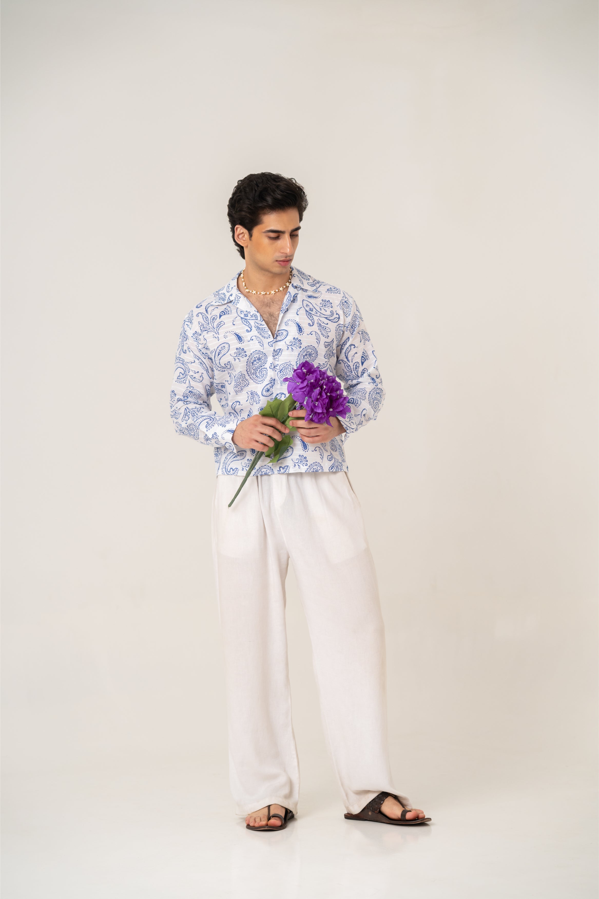 Firangi Yarn Cotton Crop Shirt with Cuban Collar - Blue Paisley