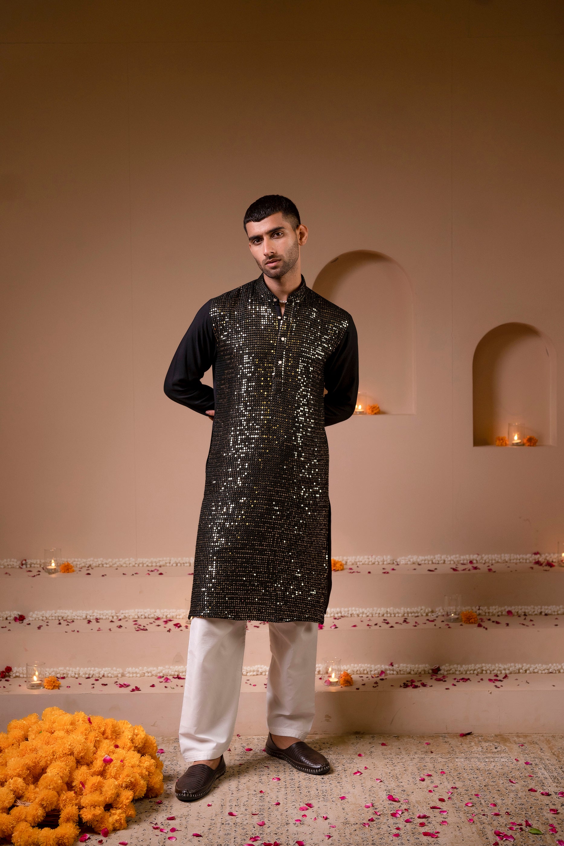 Firangi Yarn Chikan & Heavy Blingy Sequin Work Cotton Kurta For Men Black