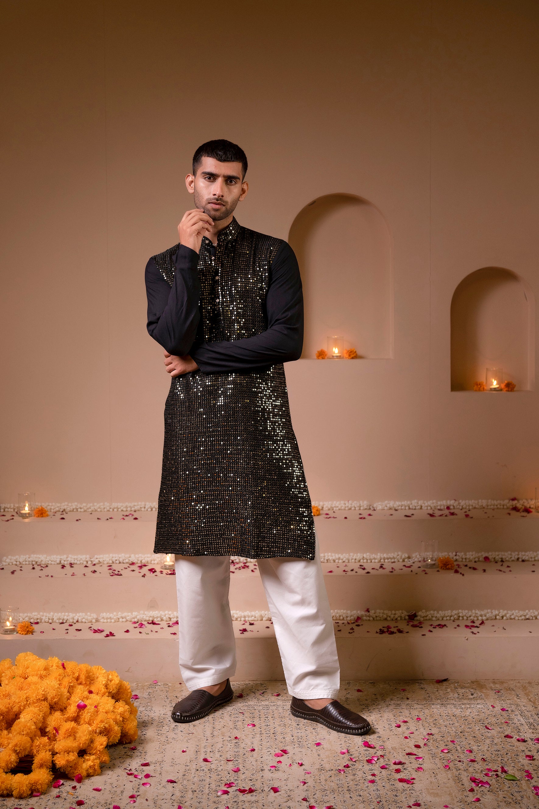Firangi Yarn Chikan & Heavy Blingy Sequin Work Cotton Kurta For Men Black