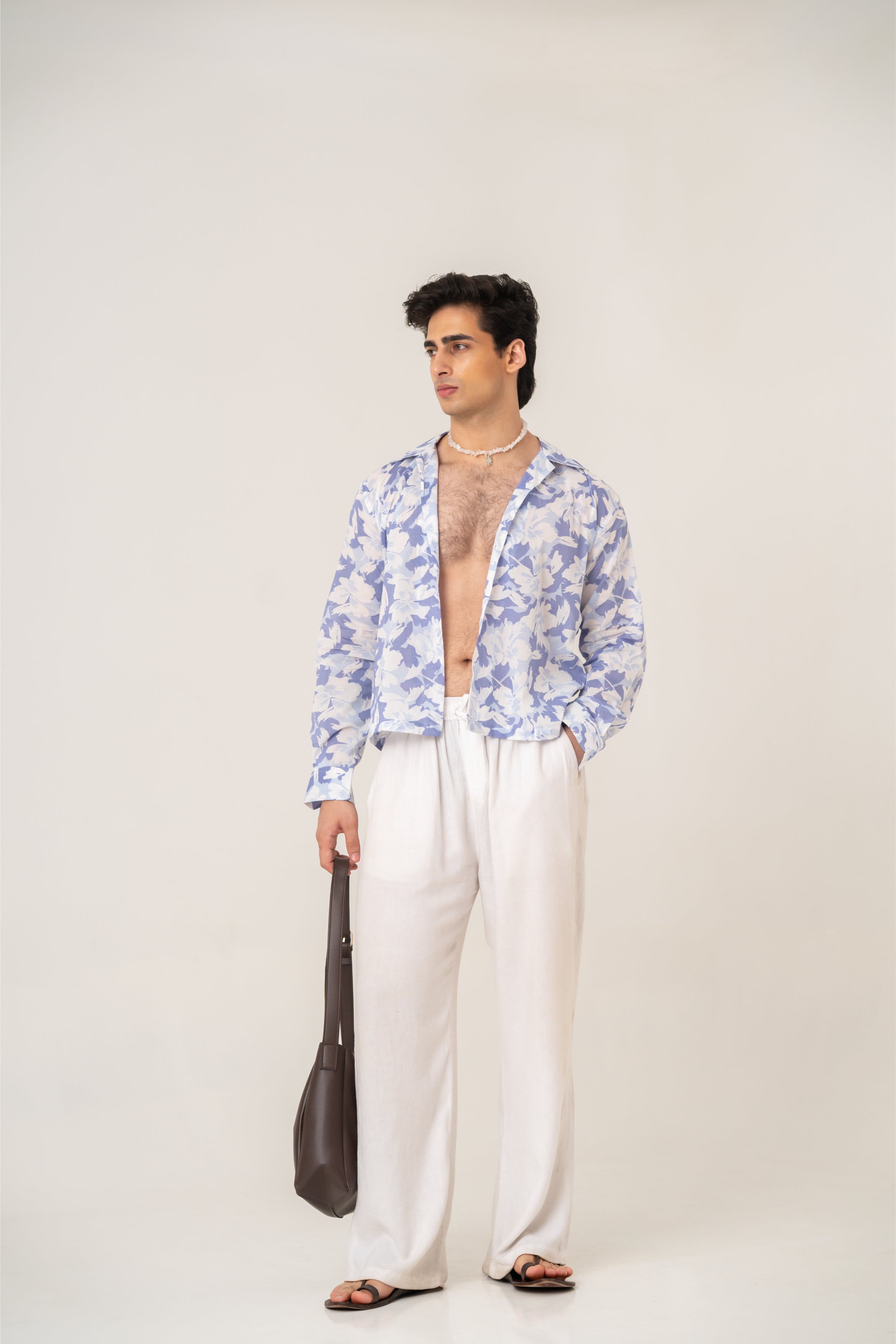 Firangi Yarn Cotton Crop Shirt with Cuban Collar - Blue Florals