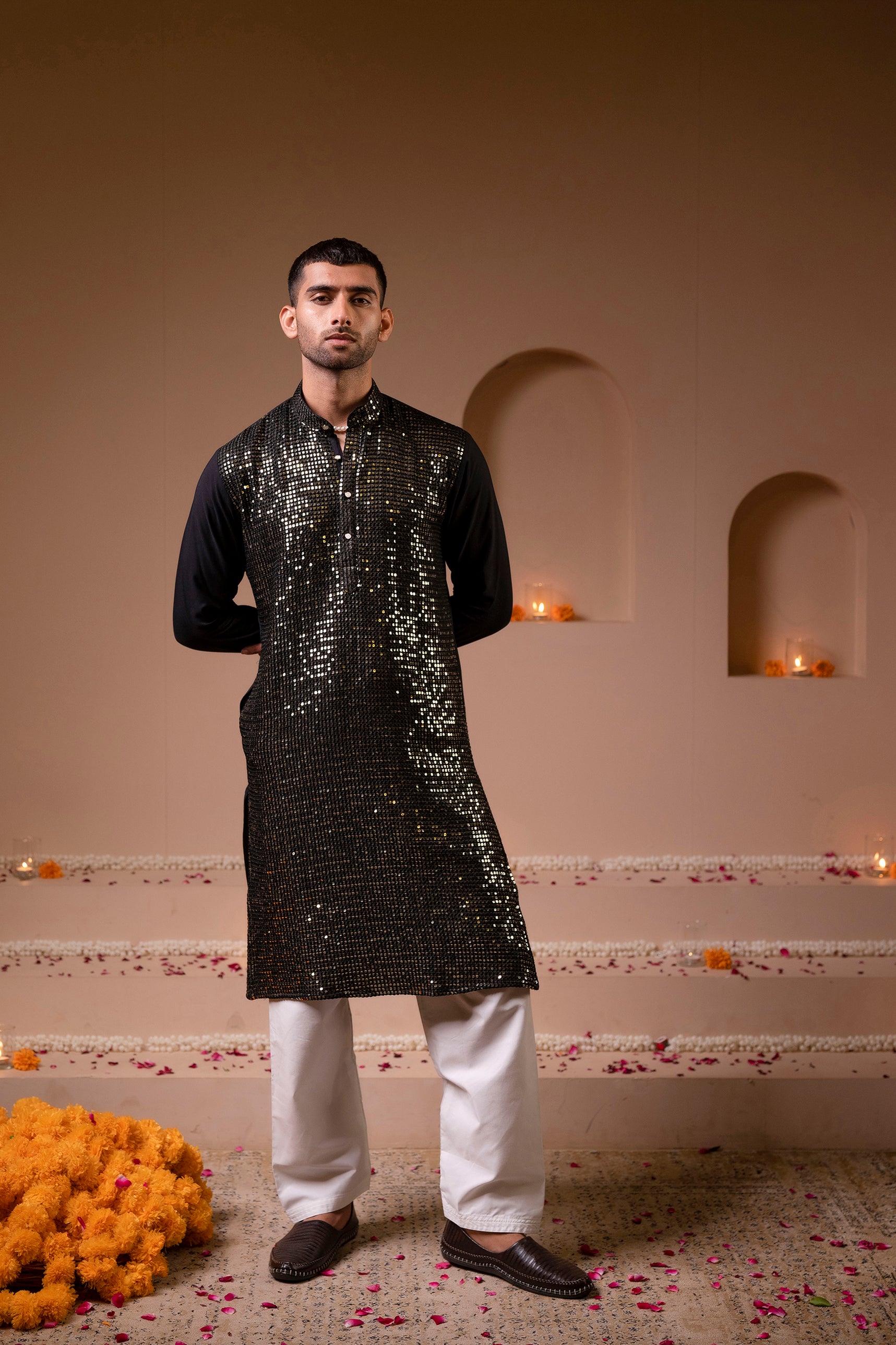 Firangi Yarn Chikan & Heavy Blingy Sequin Work Cotton Kurta For Men Black
