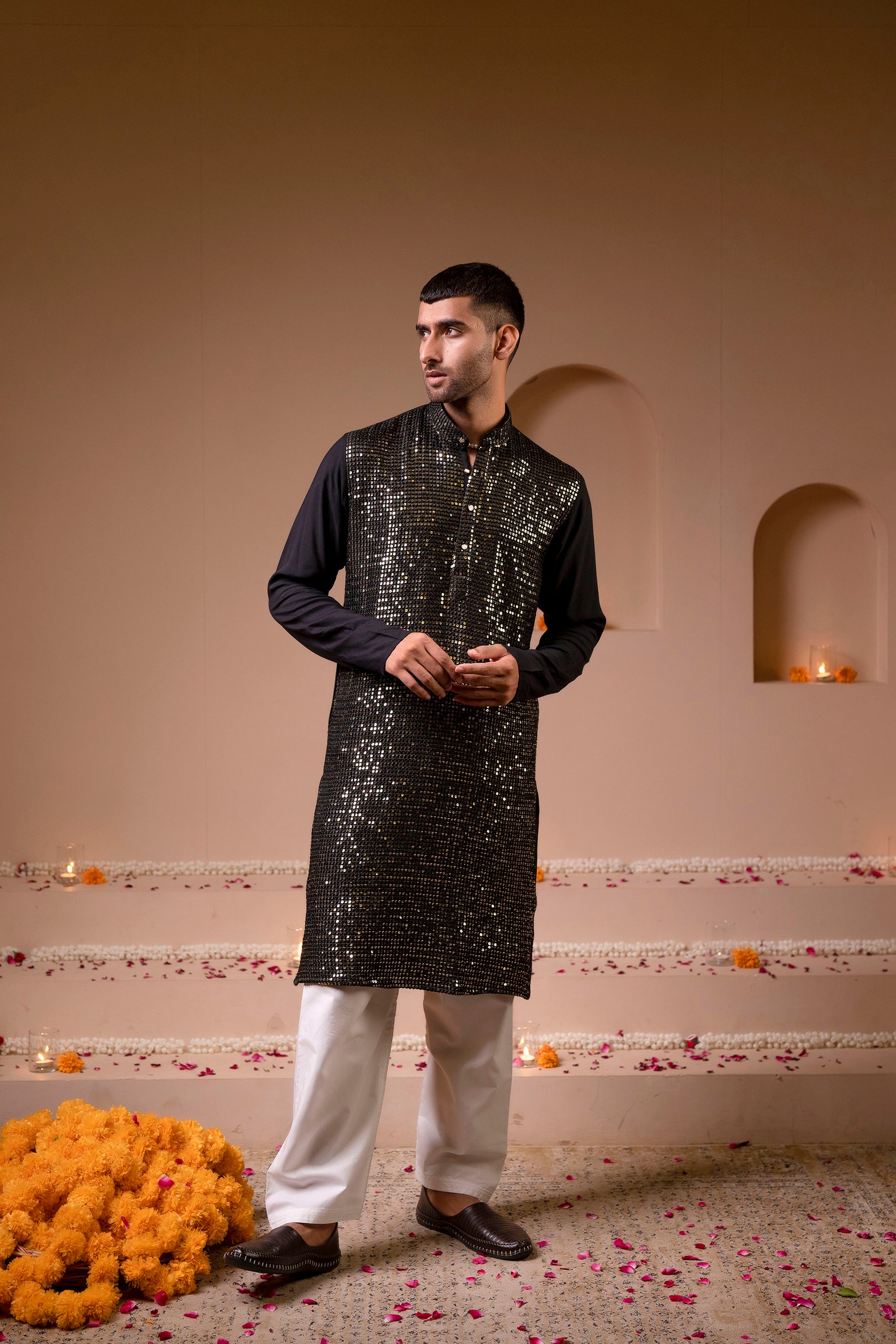 Firangi Yarn Chikan & Heavy Blingy Sequin Work Cotton Kurta For Men Black