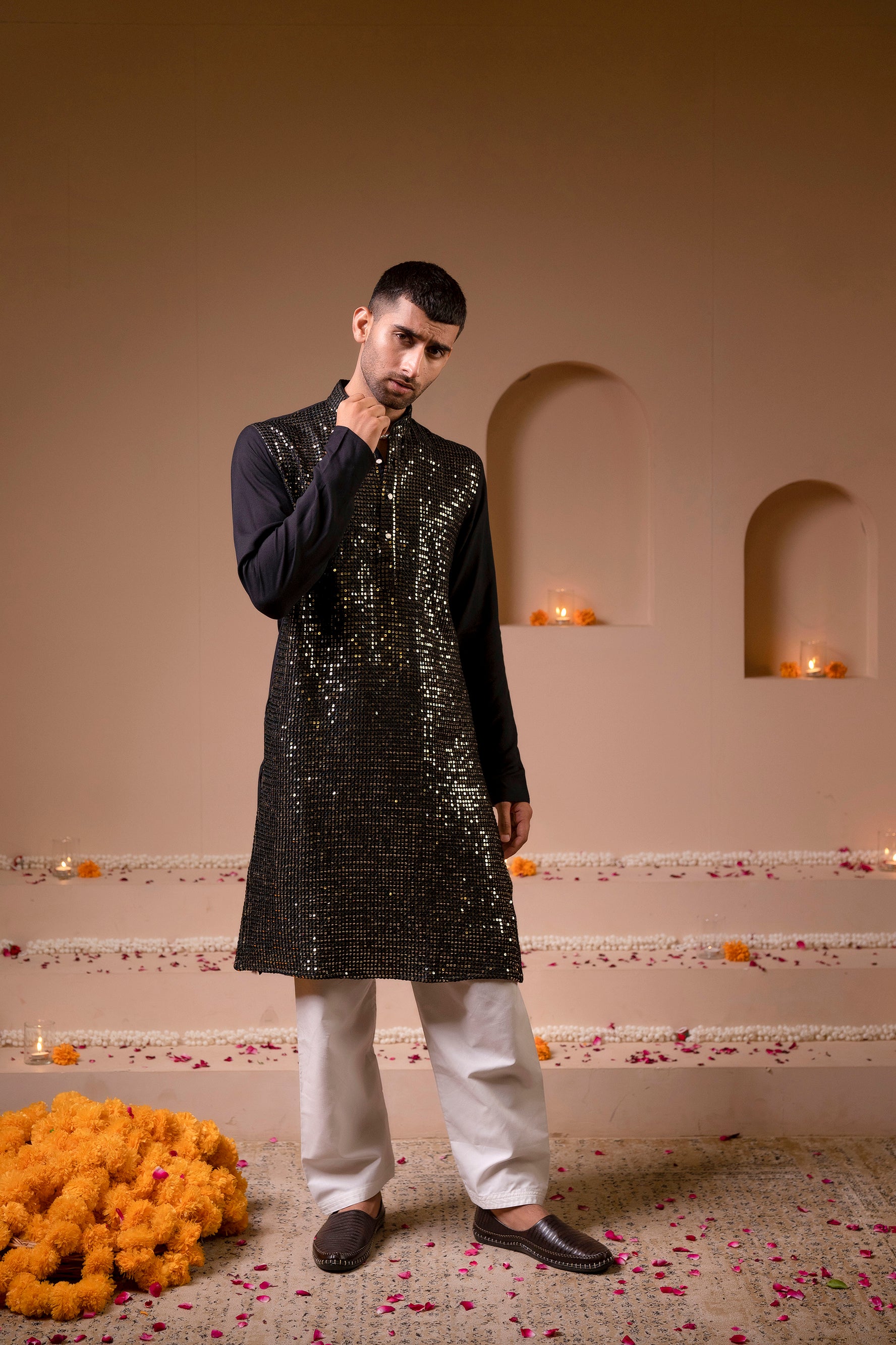 Firangi Yarn Chikan & Heavy Blingy Sequin Work Cotton Kurta For Men Black