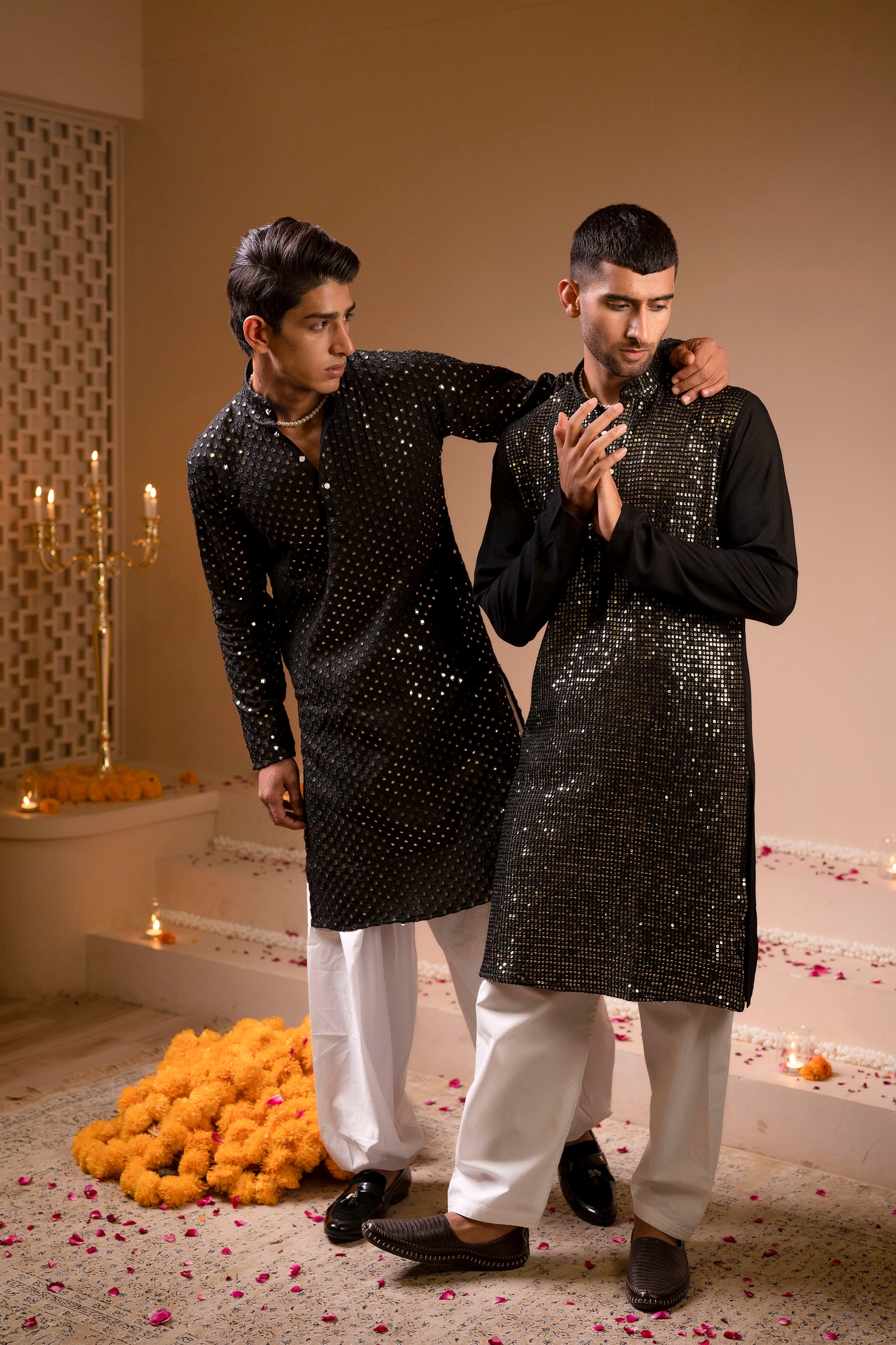 Firangi Yarn Chikan & Heavy Blingy Sequin Work Cotton Kurta For Men Black