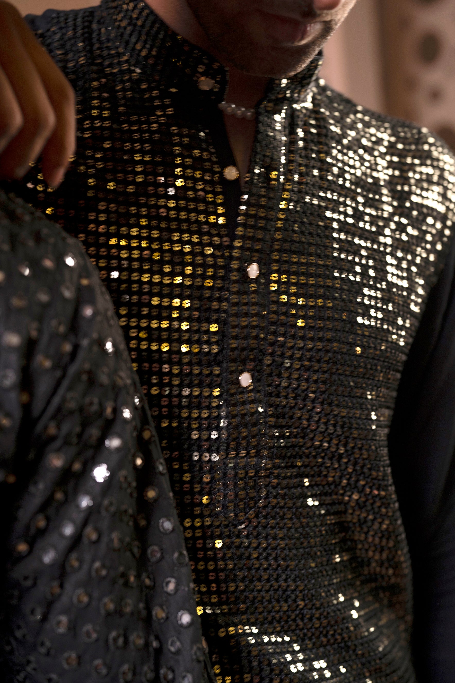 Firangi Yarn Chikan & Heavy Blingy Sequin Work Cotton Kurta For Men Black