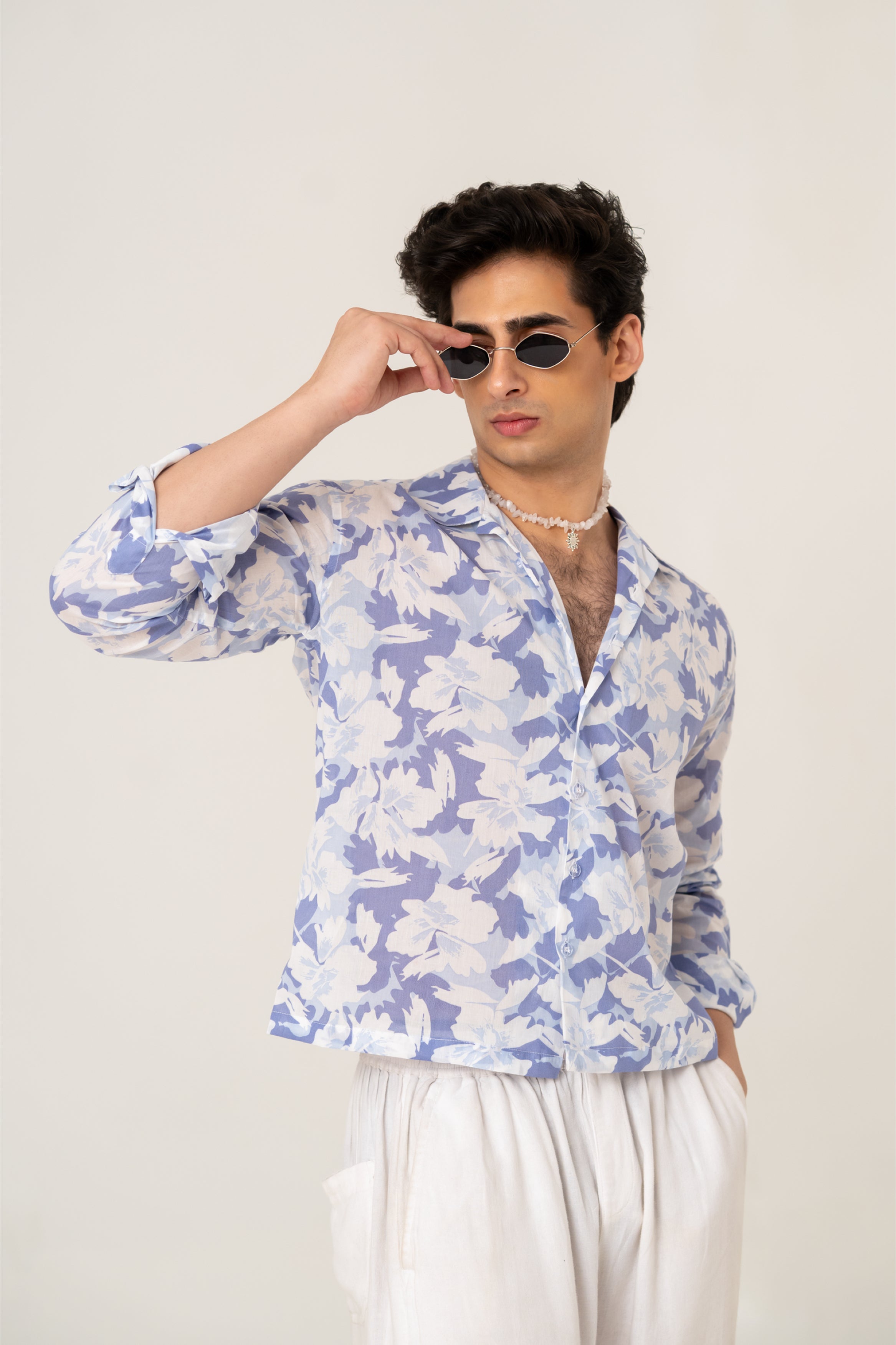 Firangi Yarn Cotton Crop Shirt with Cuban Collar - Blue Florals