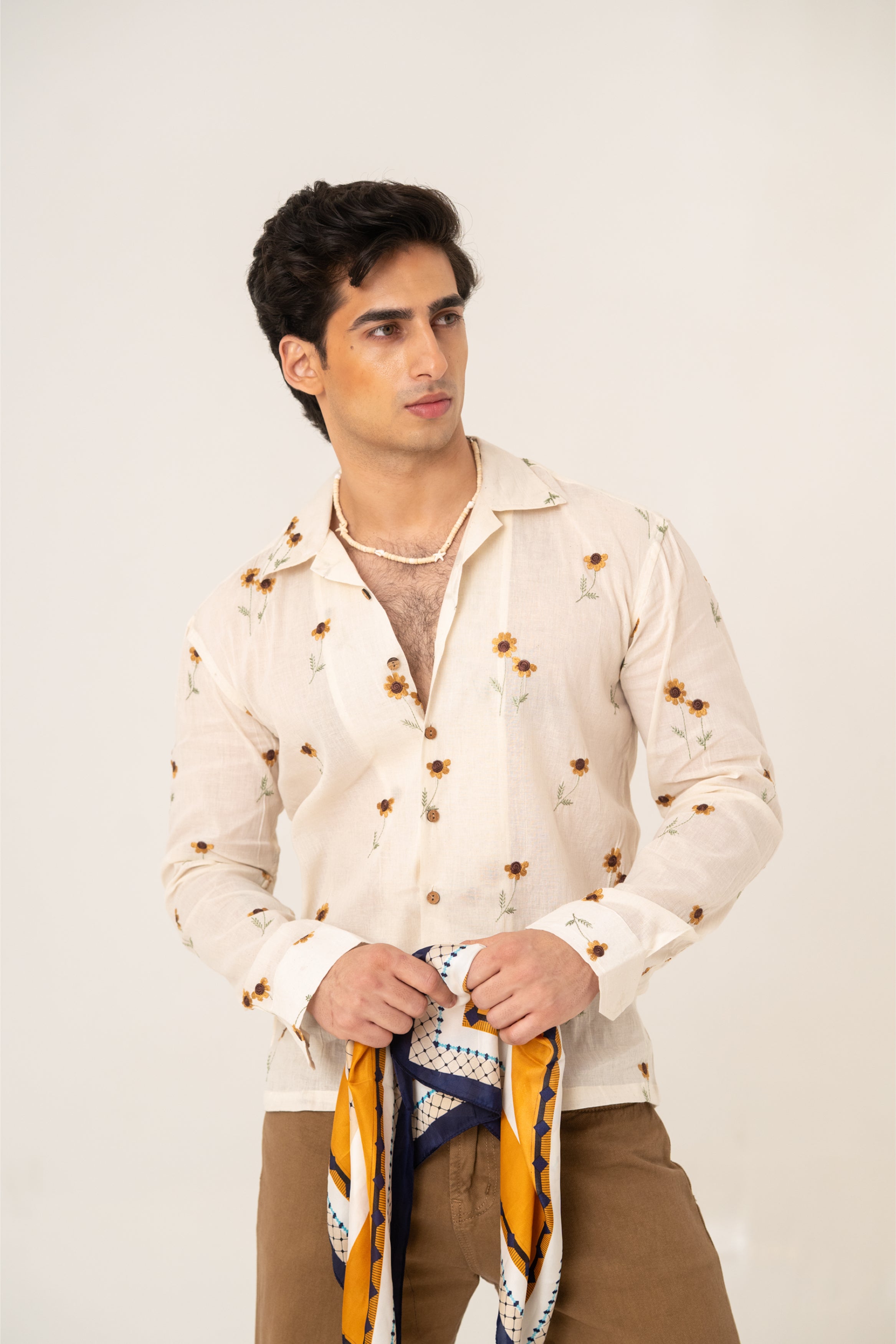 Firangi Yarn Embroidered Linen Crop Shirt with Cuban Collar - Sun Flower