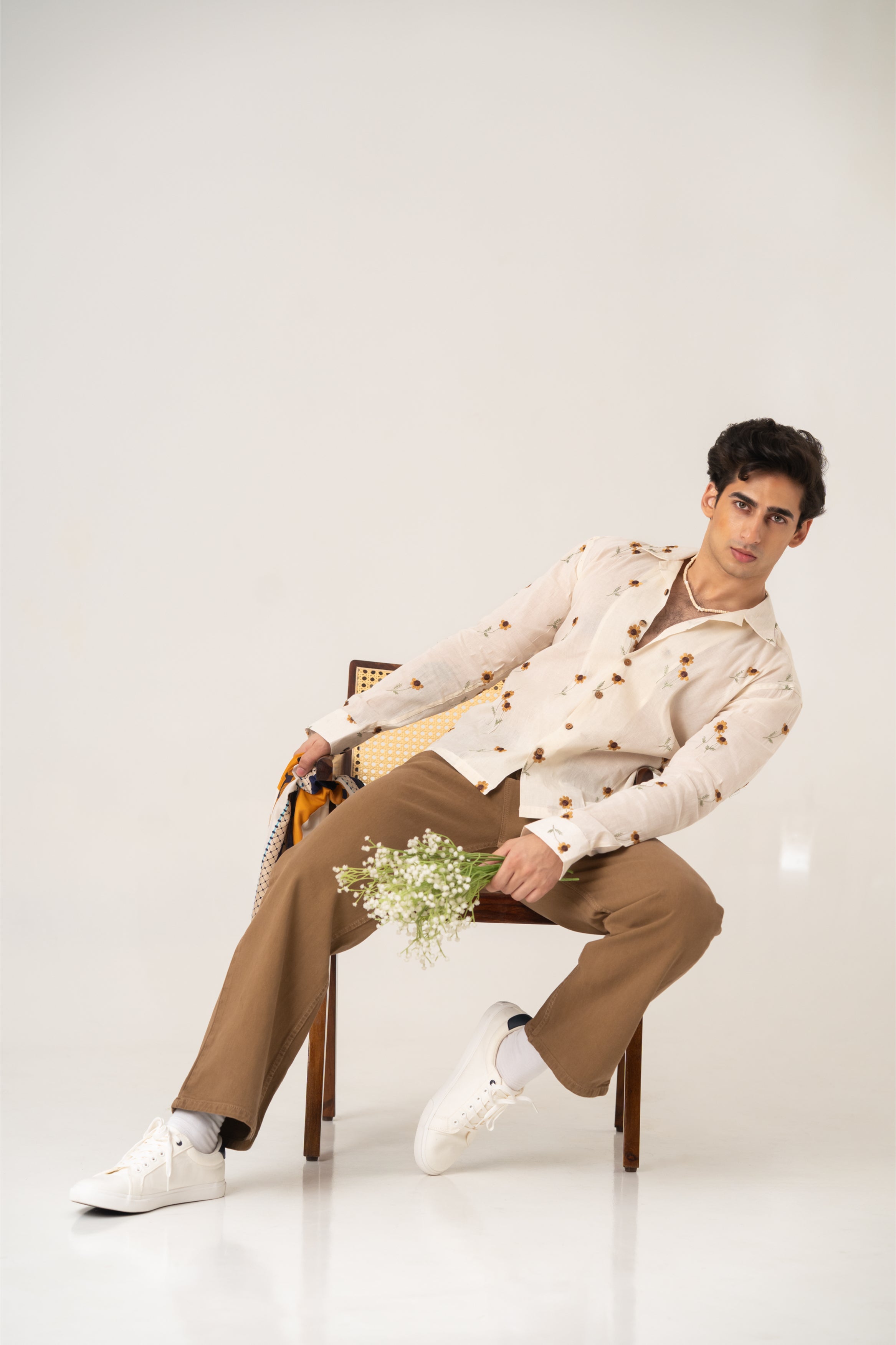 Firangi Yarn Embroidered Linen Crop Shirt with Cuban Collar - Sun Flower