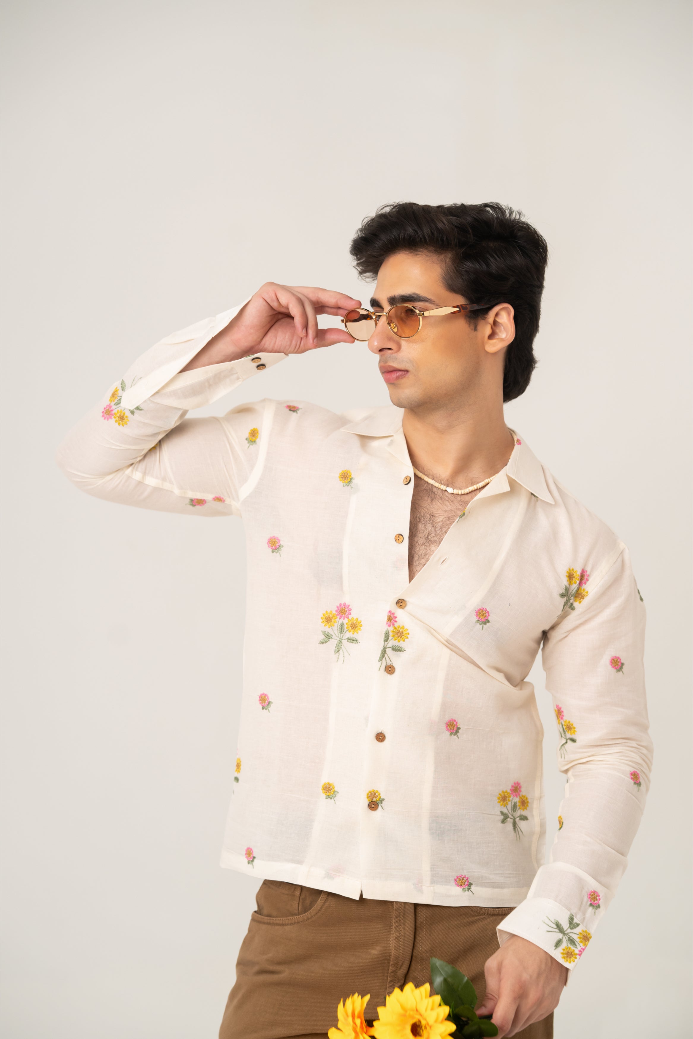 Firangi Yarn Embroidered Linen Crop Shirt with Cuban Collar - Flower Bouquet