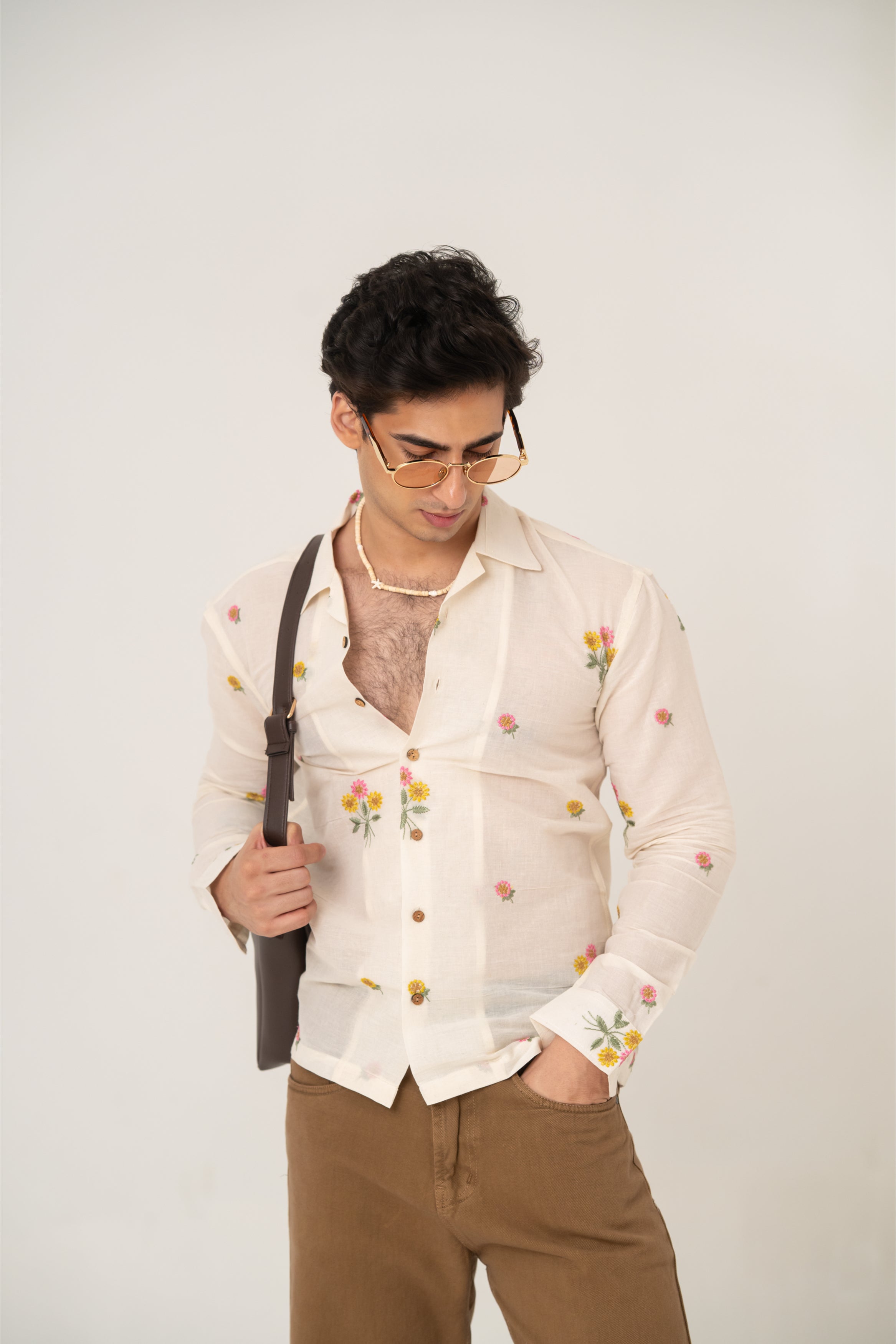 Firangi Yarn Embroidered Linen Crop Shirt with Cuban Collar - Flower Bouquet