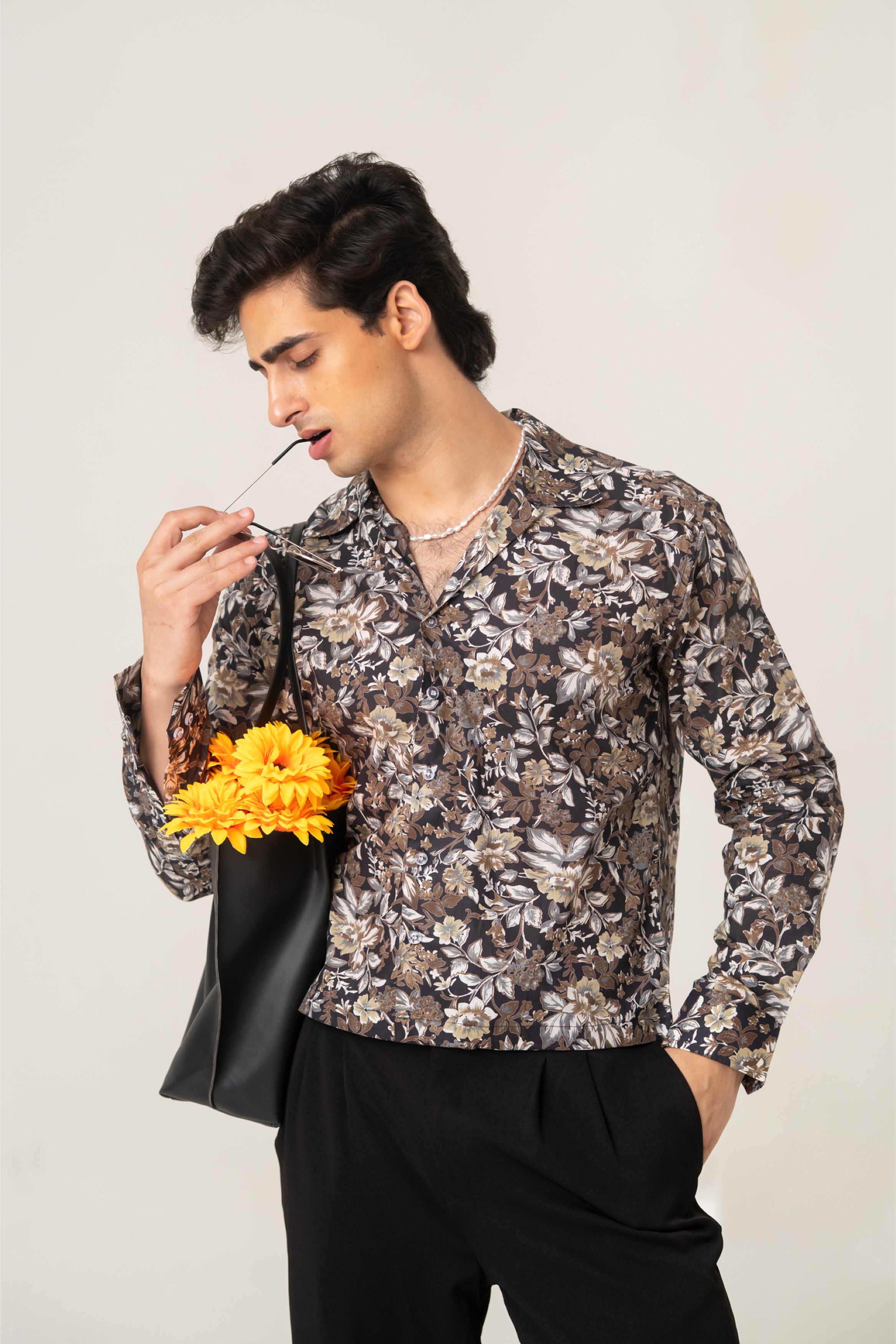 Firangi Yarn Cotton Crop Shirt with Cuban Collar - Black Florals