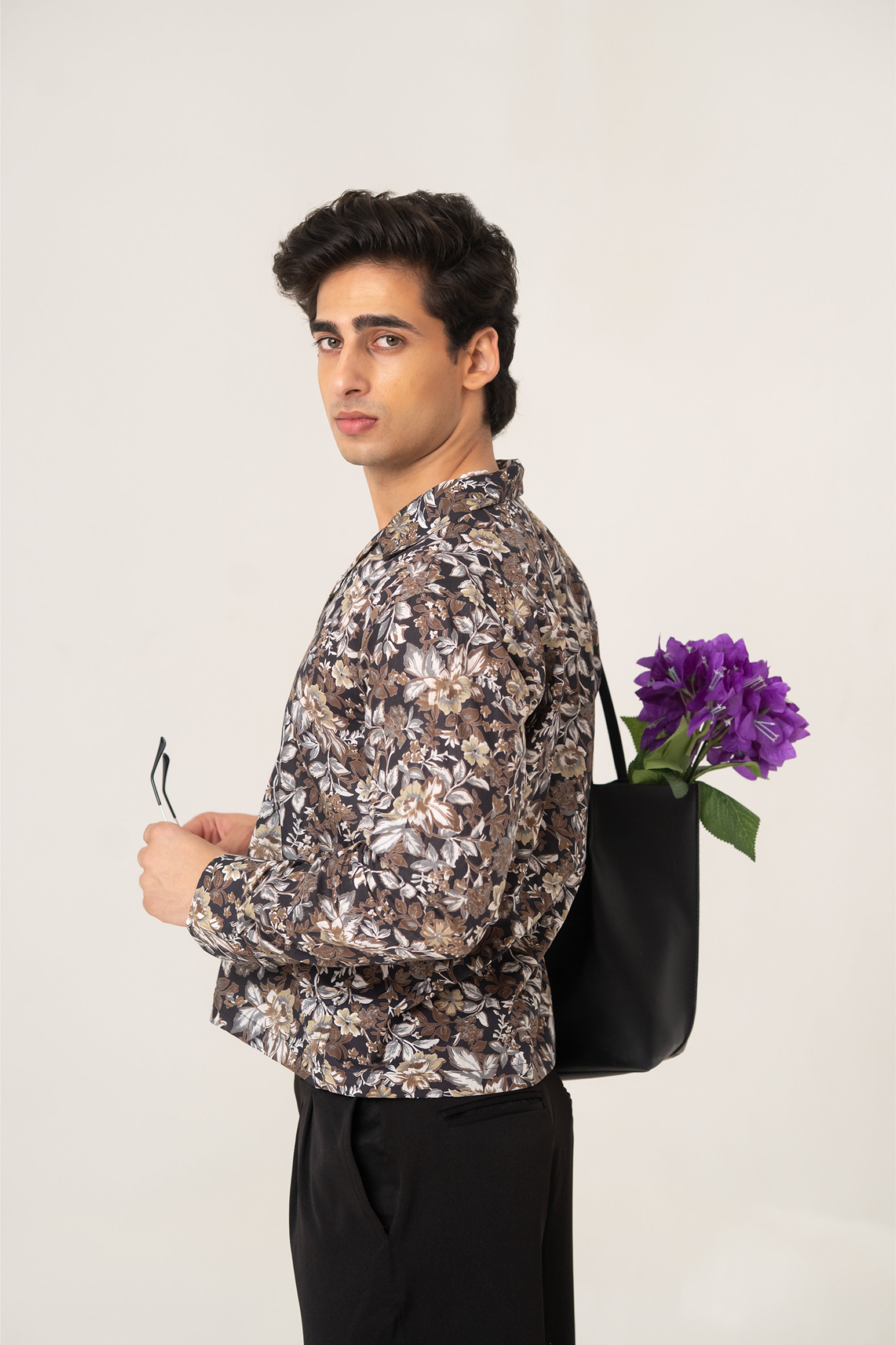 Firangi Yarn Cotton Crop Shirt with Cuban Collar - Black Florals