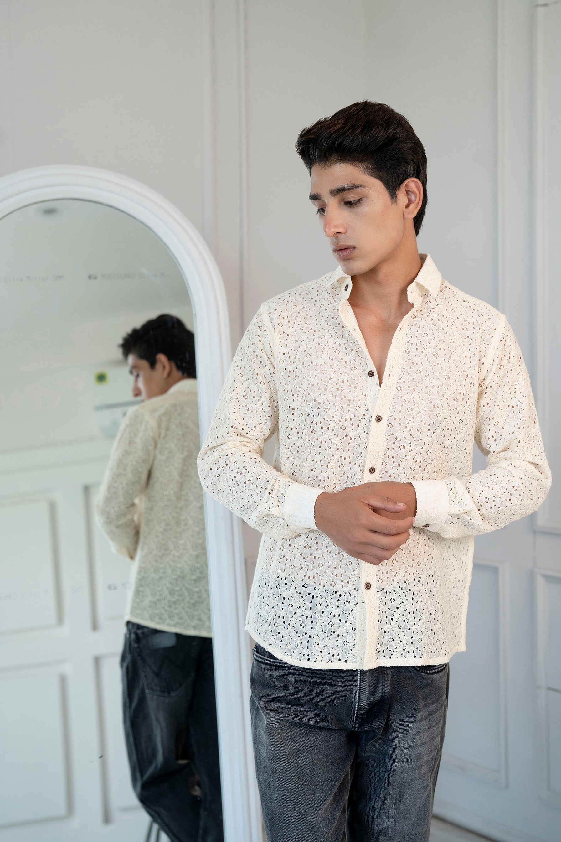 Firangi Yarn Crochet Cotton Off White Ivory Lace Shirt For Men - Full Sleeves