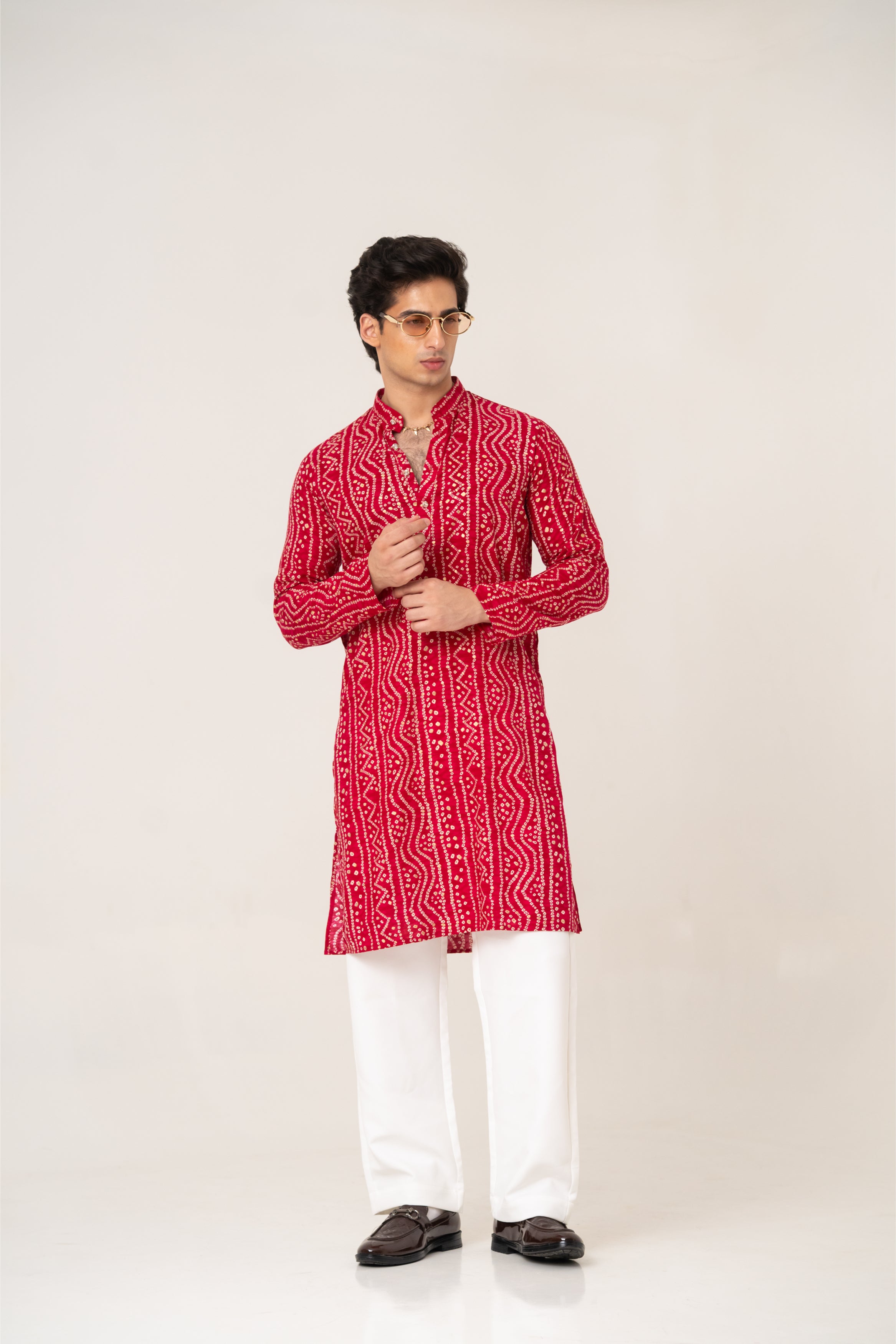 Firangi Yarn Magenta Bandhani Gold Print Kurta for Men