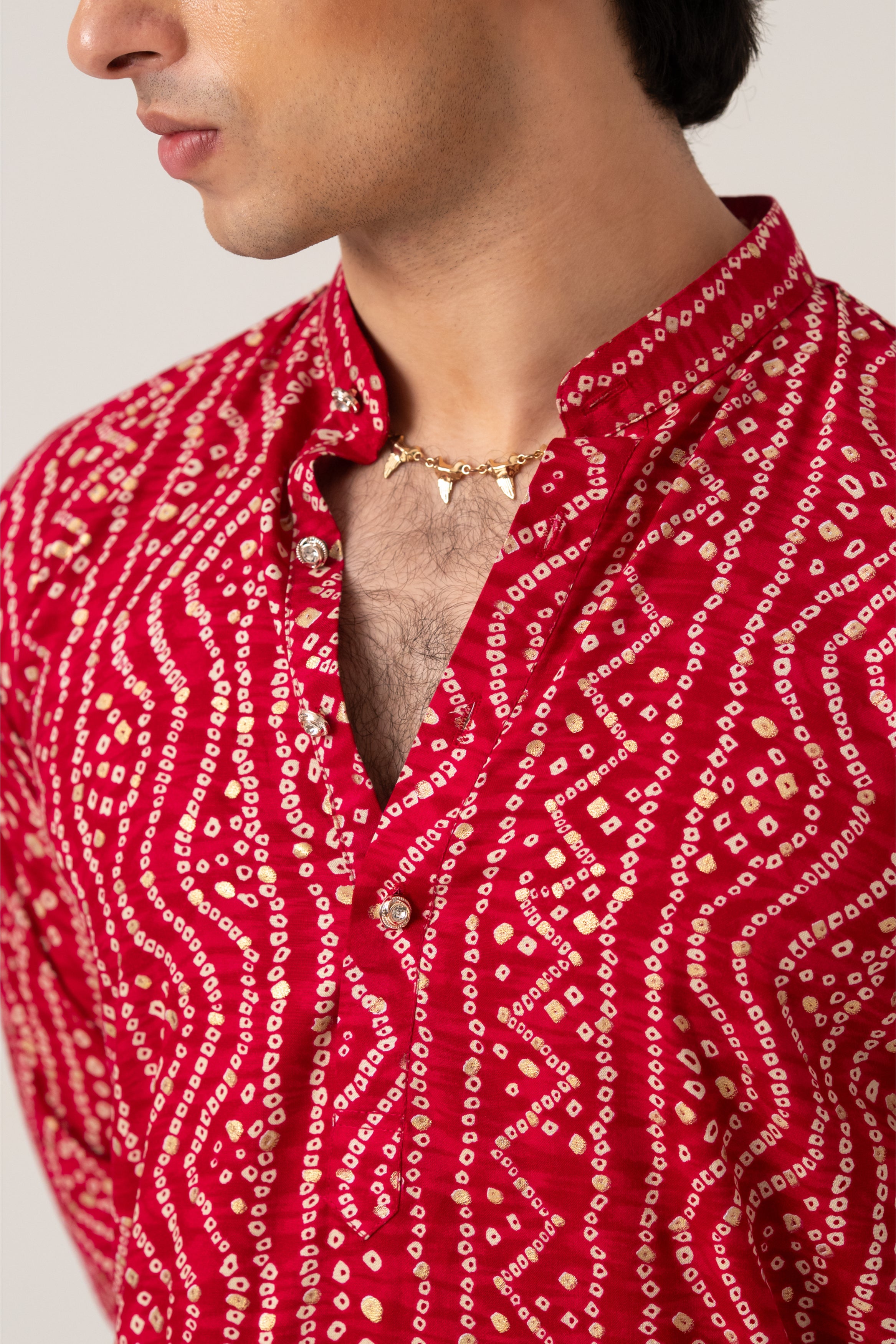 Firangi Yarn Magenta Bandhani Gold Print Kurta for Men