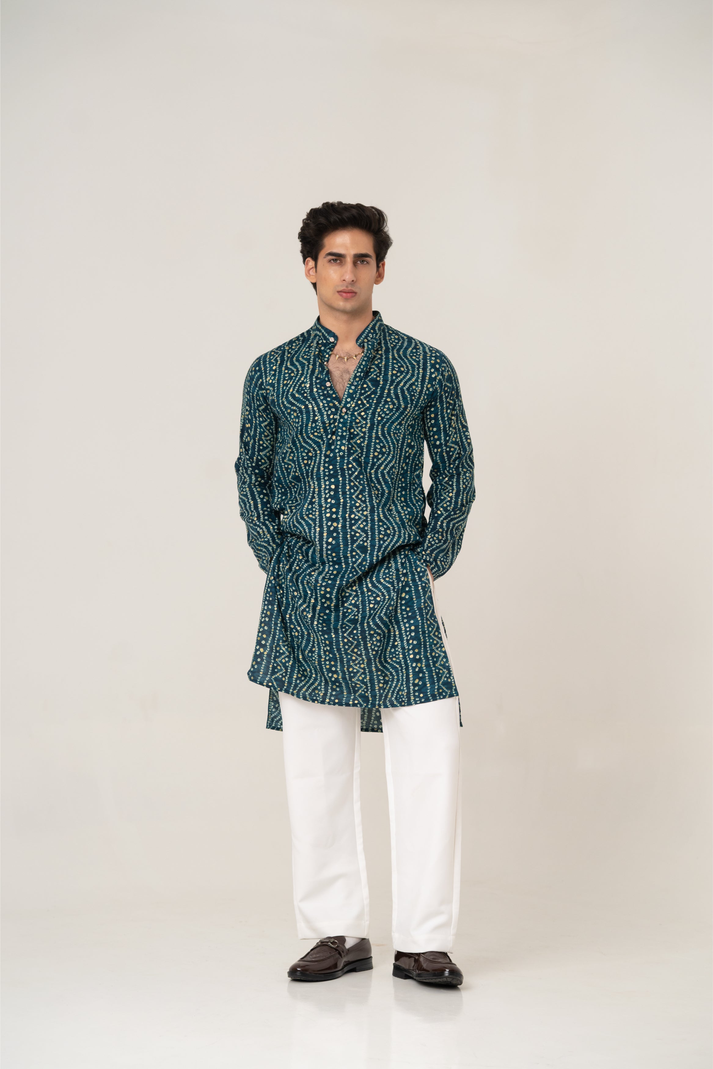 Firangi Yarn Turquoise Bandhani Gold Print Kurta