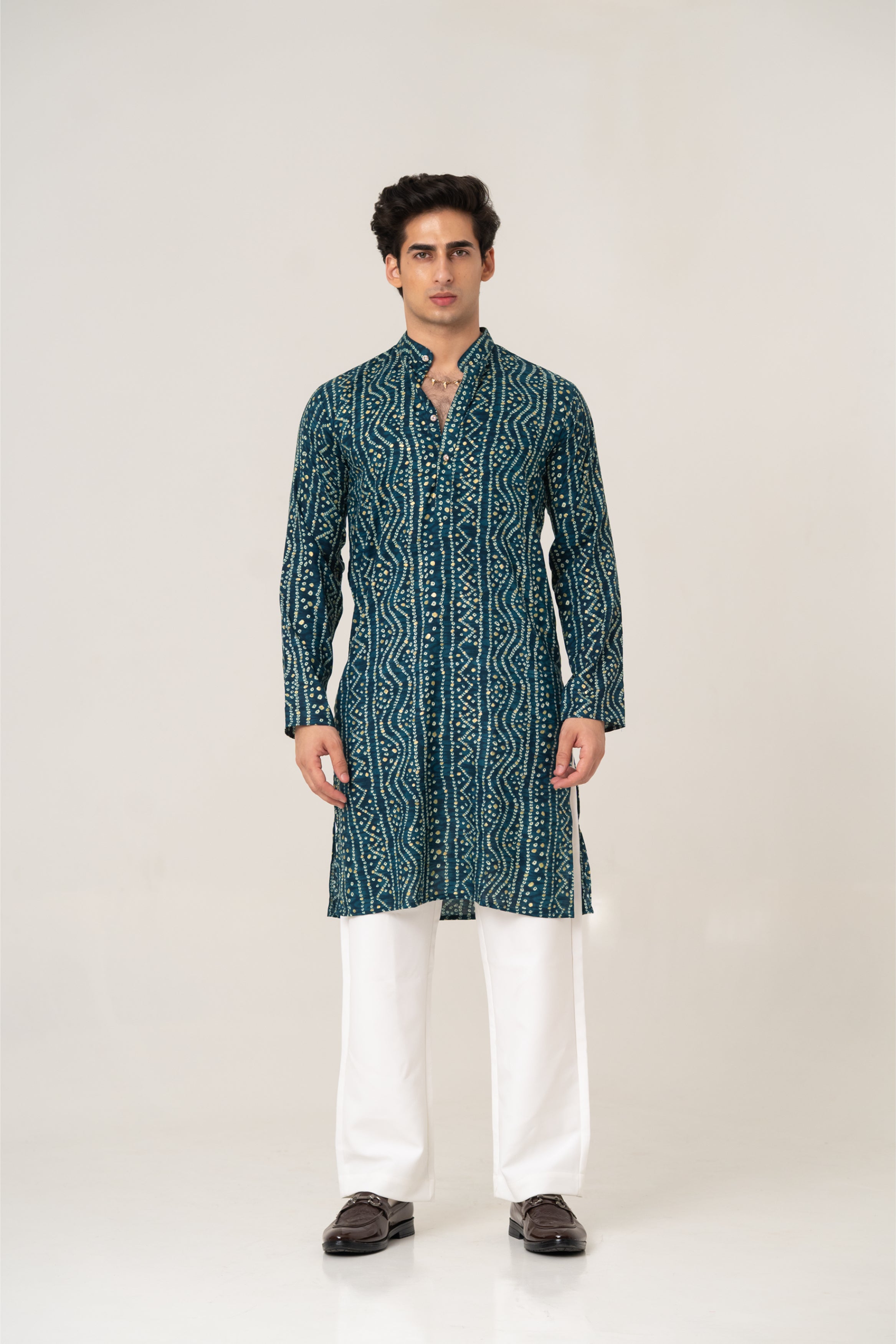Firangi Yarn Turquoise Bandhani Gold Print Kurta