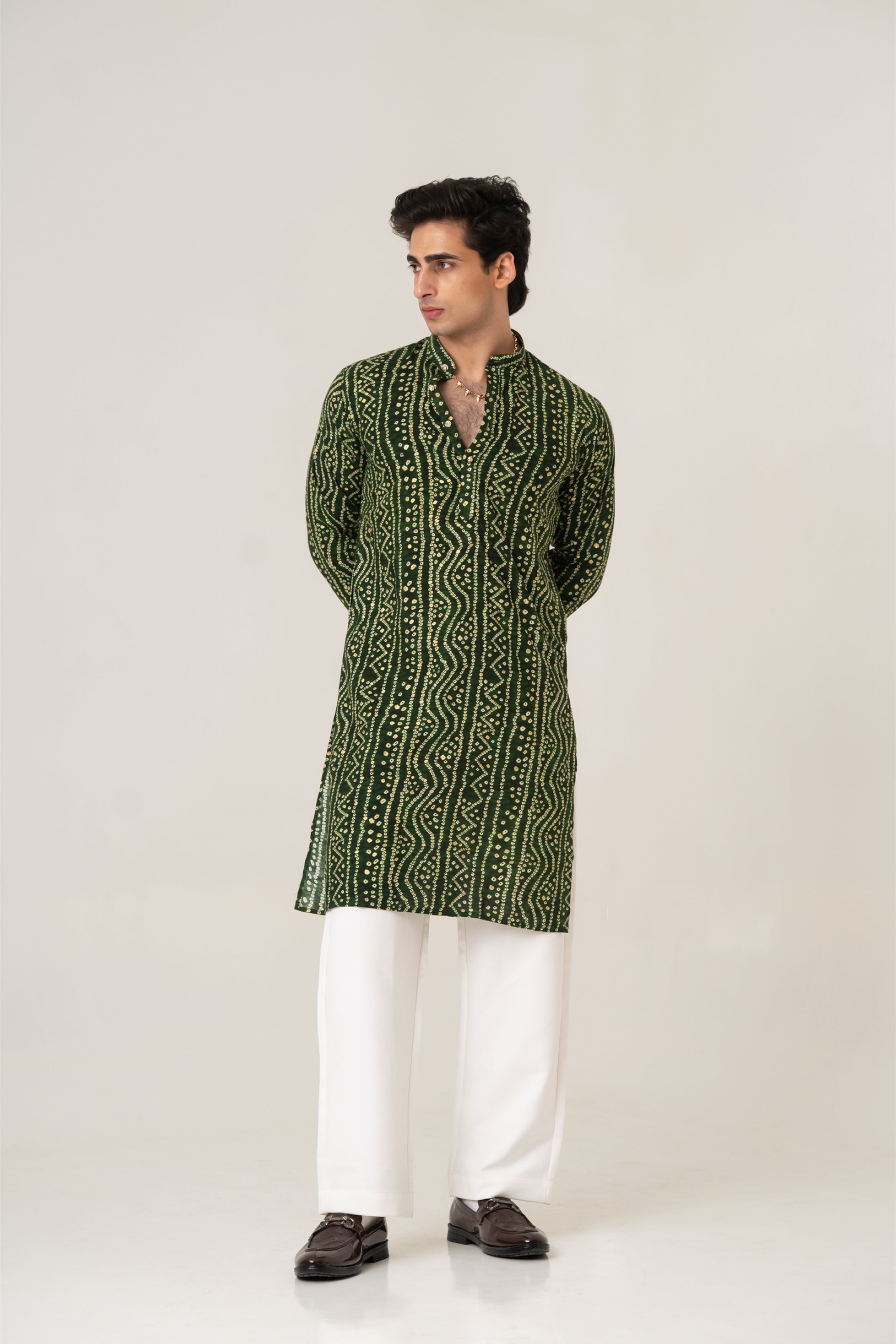 Firangi Yarn Bottle Green Bandhani Gold Print Kurta for Men
