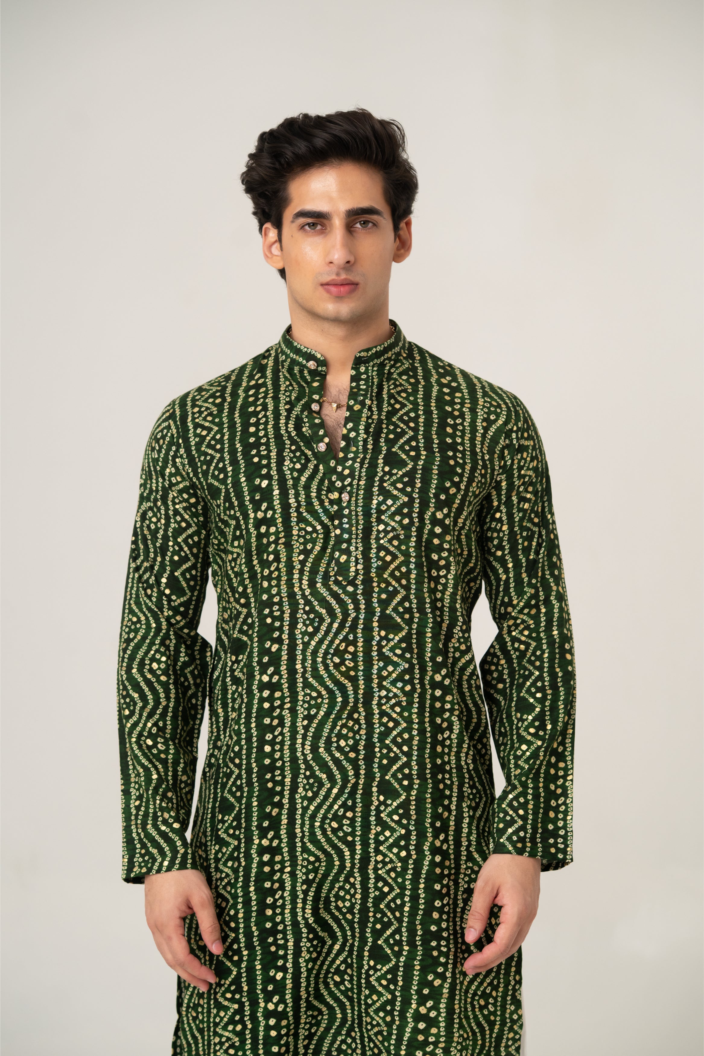 Firangi Yarn Bottle Green Bandhani Gold Print Kurta for Men