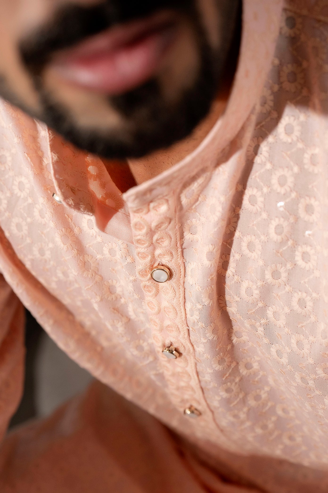 Firangi Yarn Lucknowi Lakhnavi Chikankari Sequin Work Cotton Kurta For Men Peach