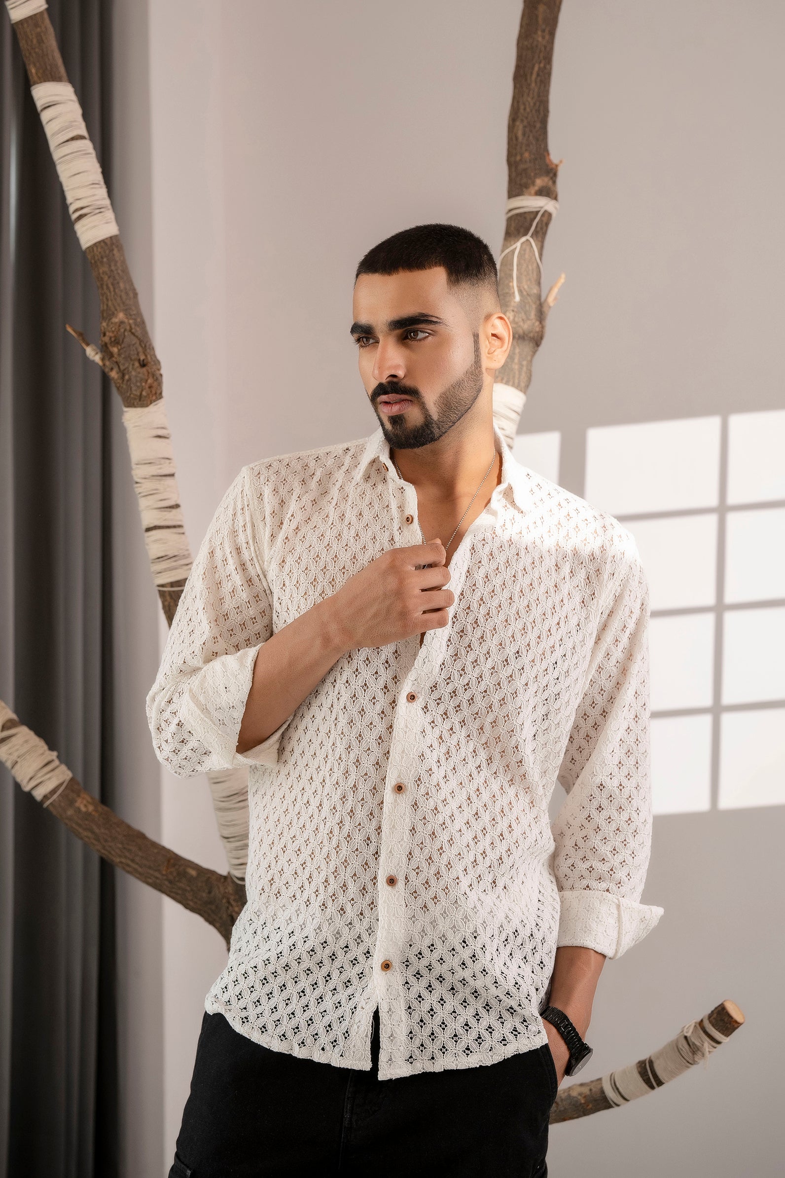 Firangi Yarn Crochet Cotton White Lace Shirt For Men - Full Sleeves