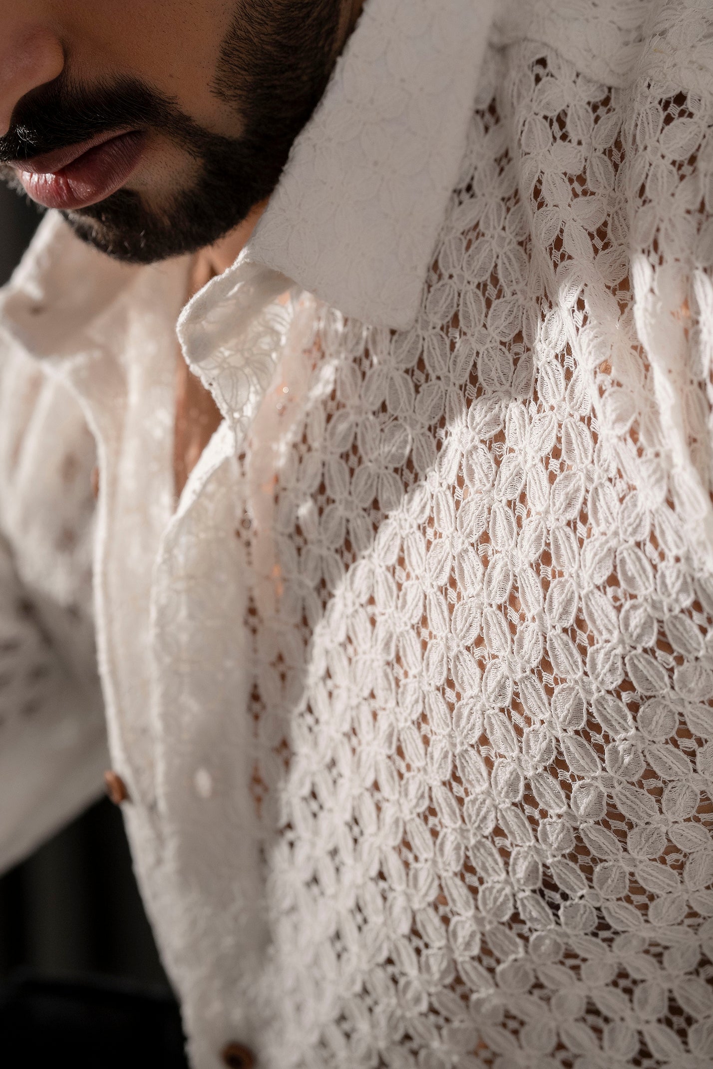 Firangi Yarn Crochet Cotton White Lace Shirt For Men - Full Sleeves