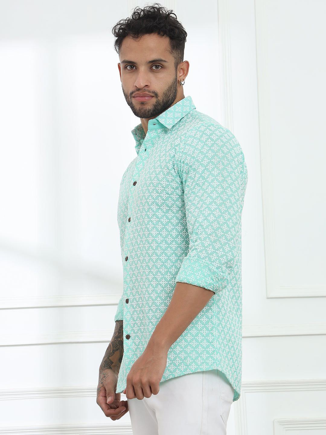 Firangi Yarn Super Soft Full Sleeves Chikankari schiffli Embroided Men's Shirt Sea Green